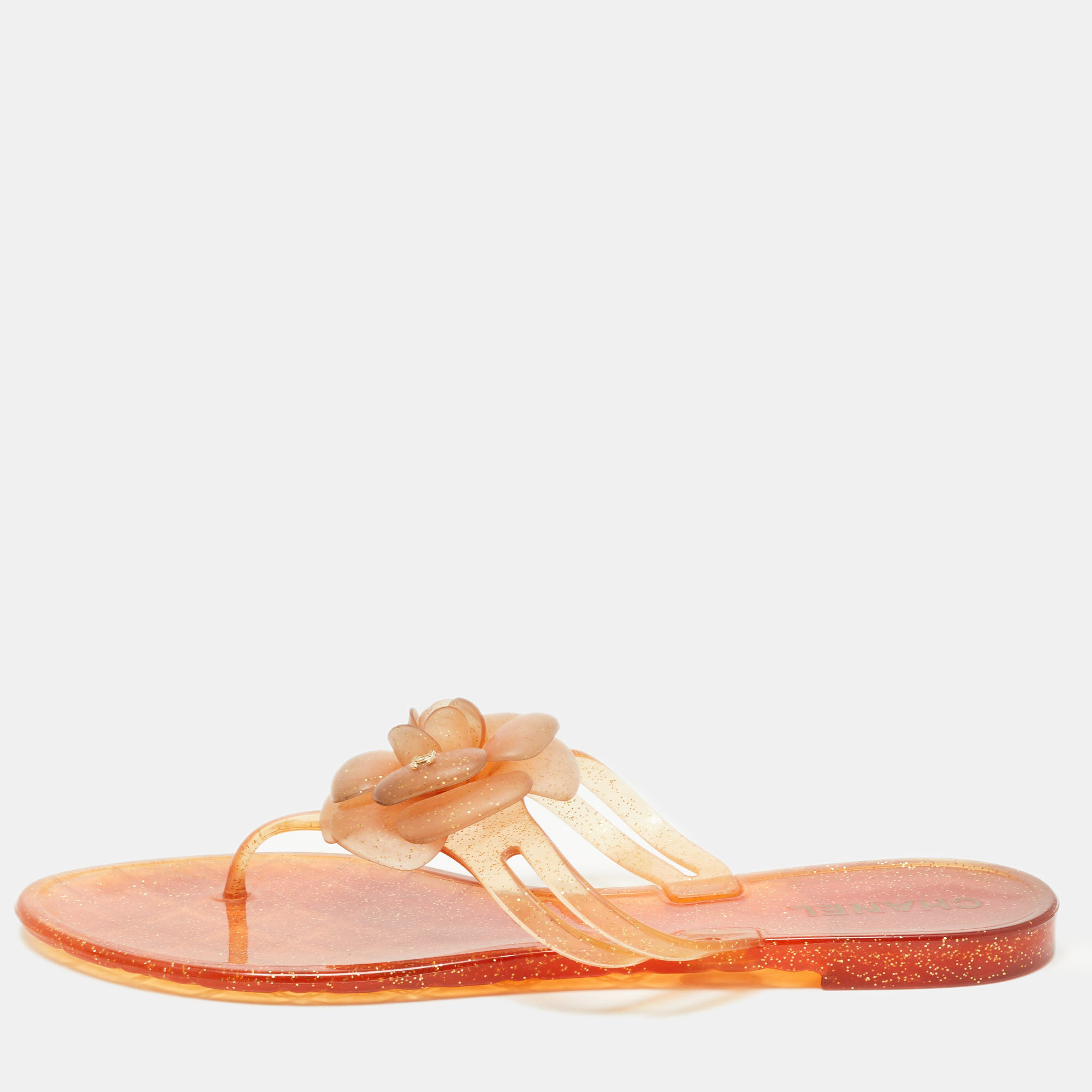 Pre-owned Chanel Orange Jelly Camellia Thong Flats Size 41
