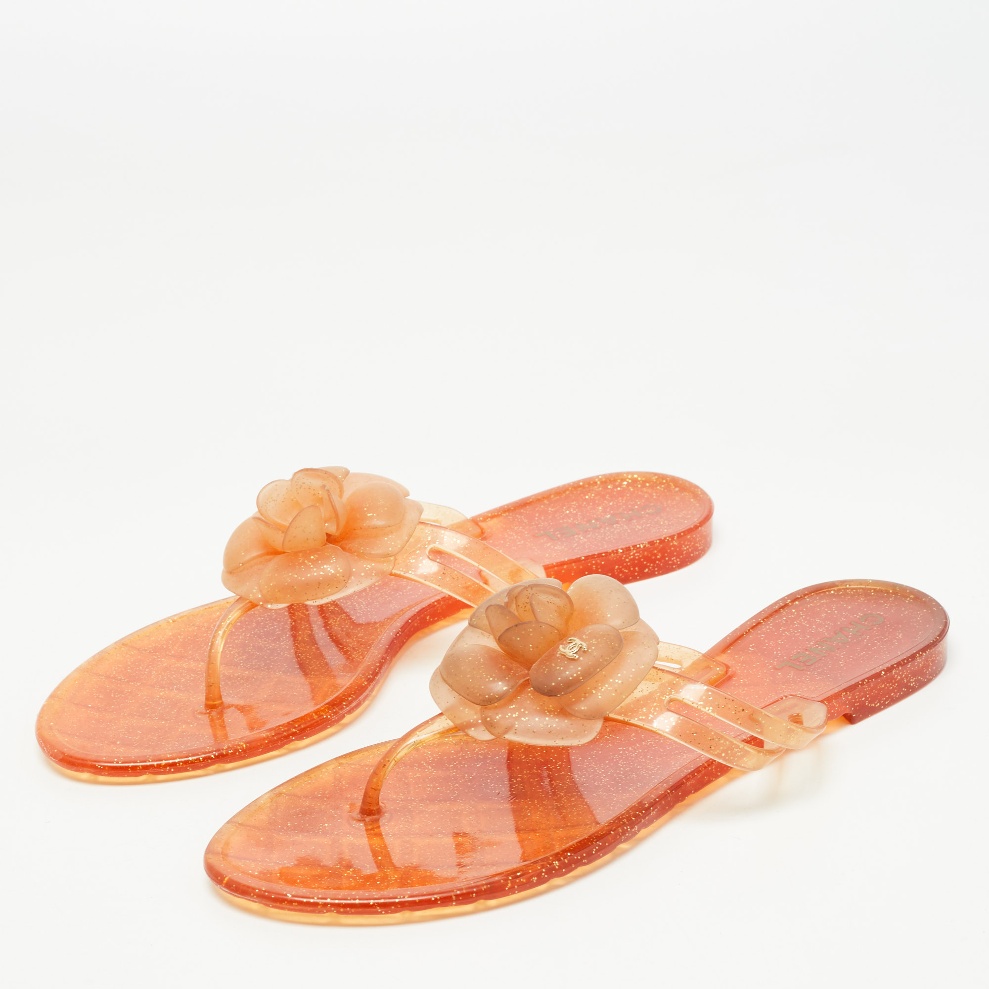 

Chanel Orange Jelly Camellia Thong Flats Size