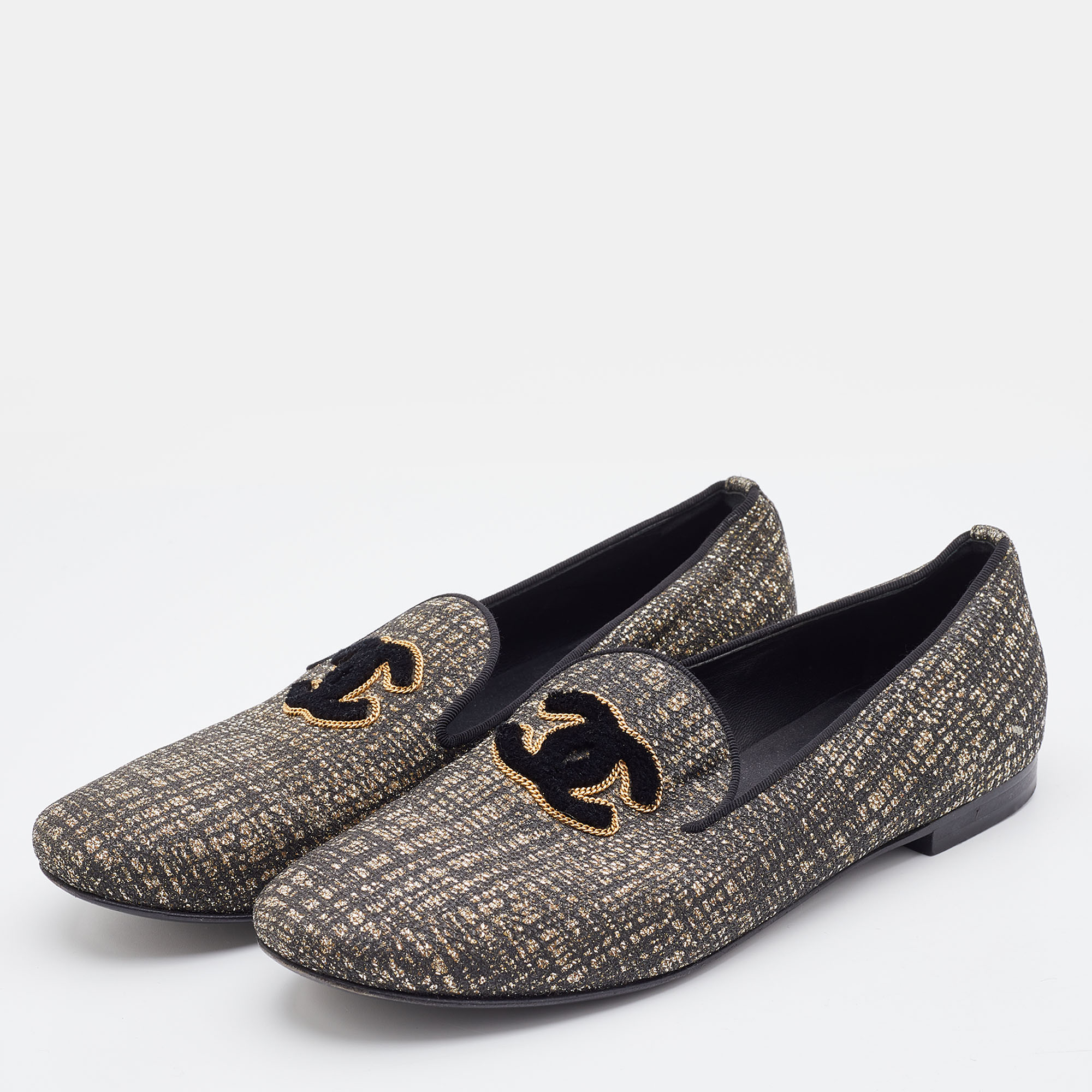 

Chanel Black/Gold Tweed Smoking Slippers Size