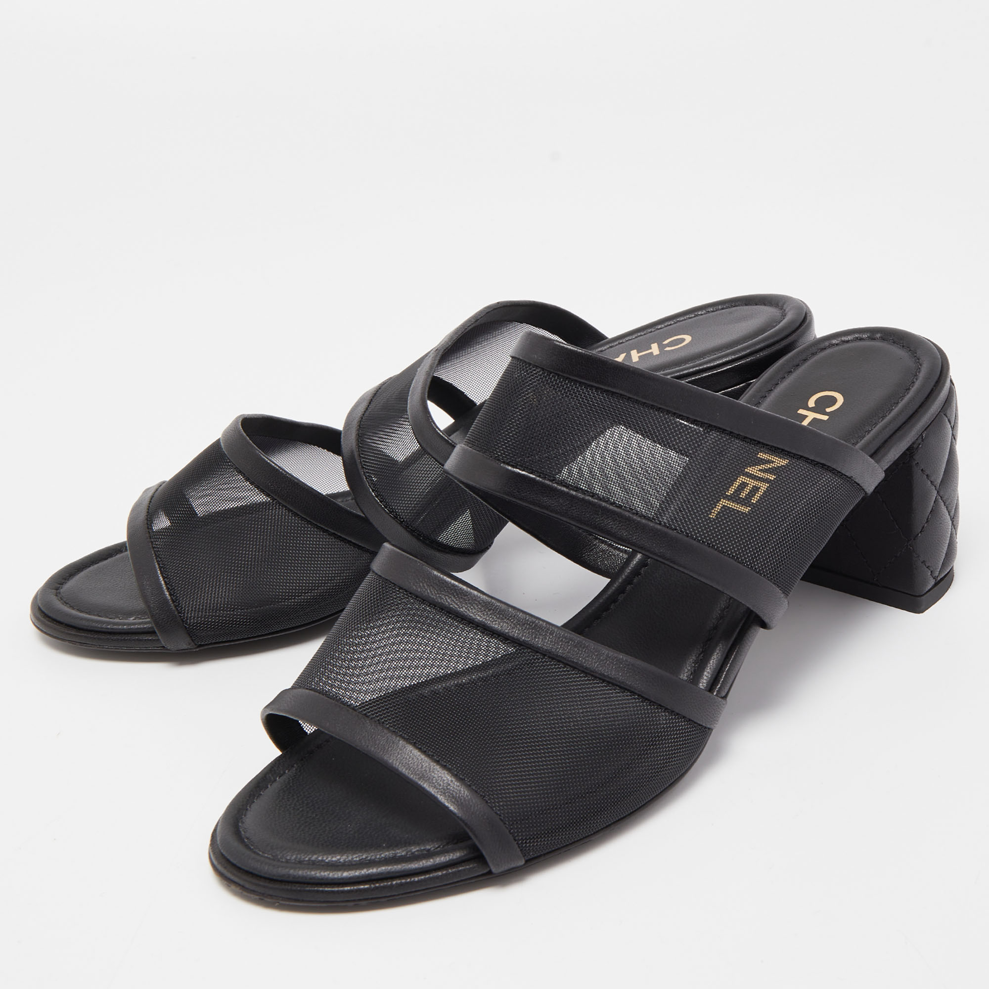 

Chanel Black Mesh and Quilted Leather CC Block Heel Slide Sandals Size