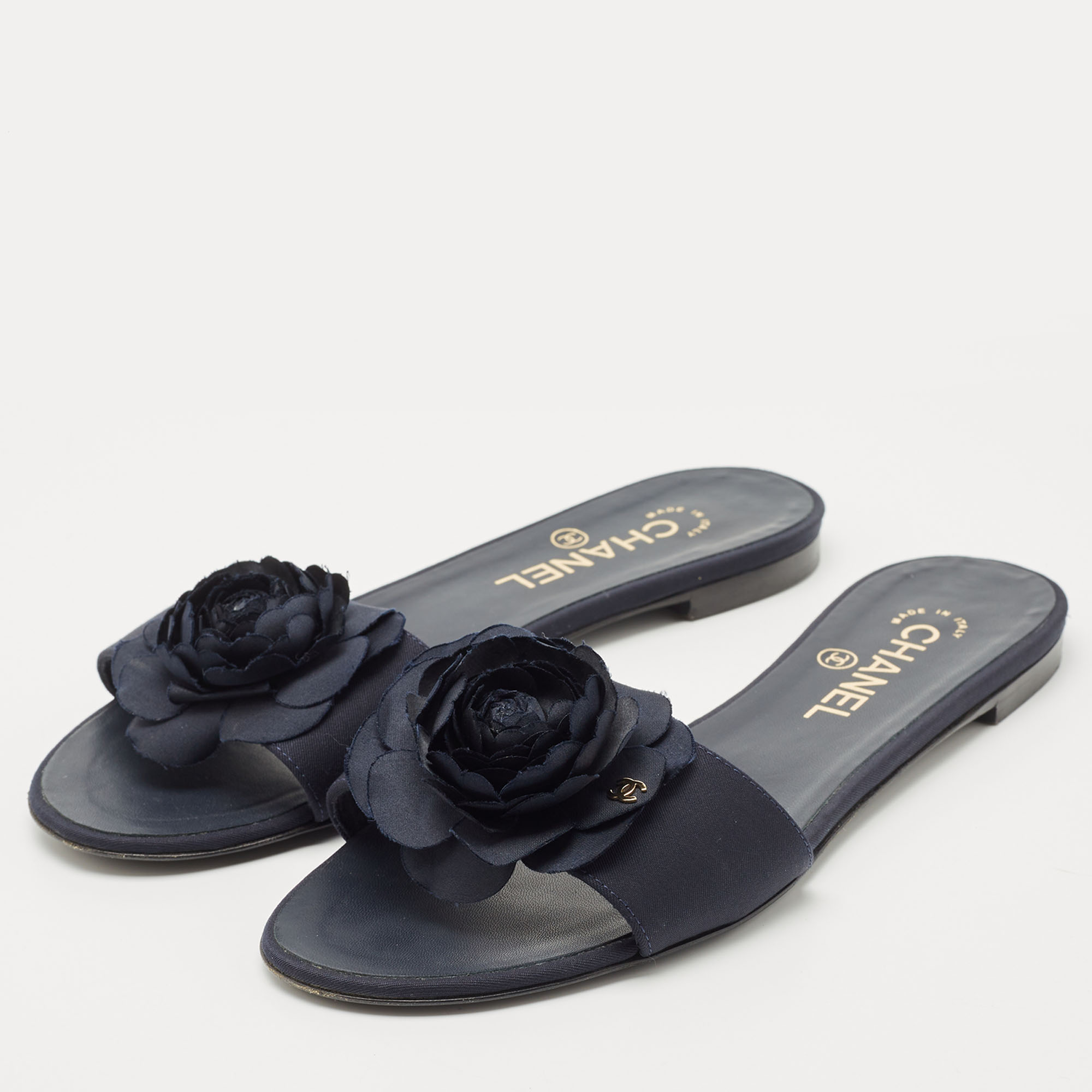 

Chanel Blue Canvas Camellia Accent Slides Size, Navy blue