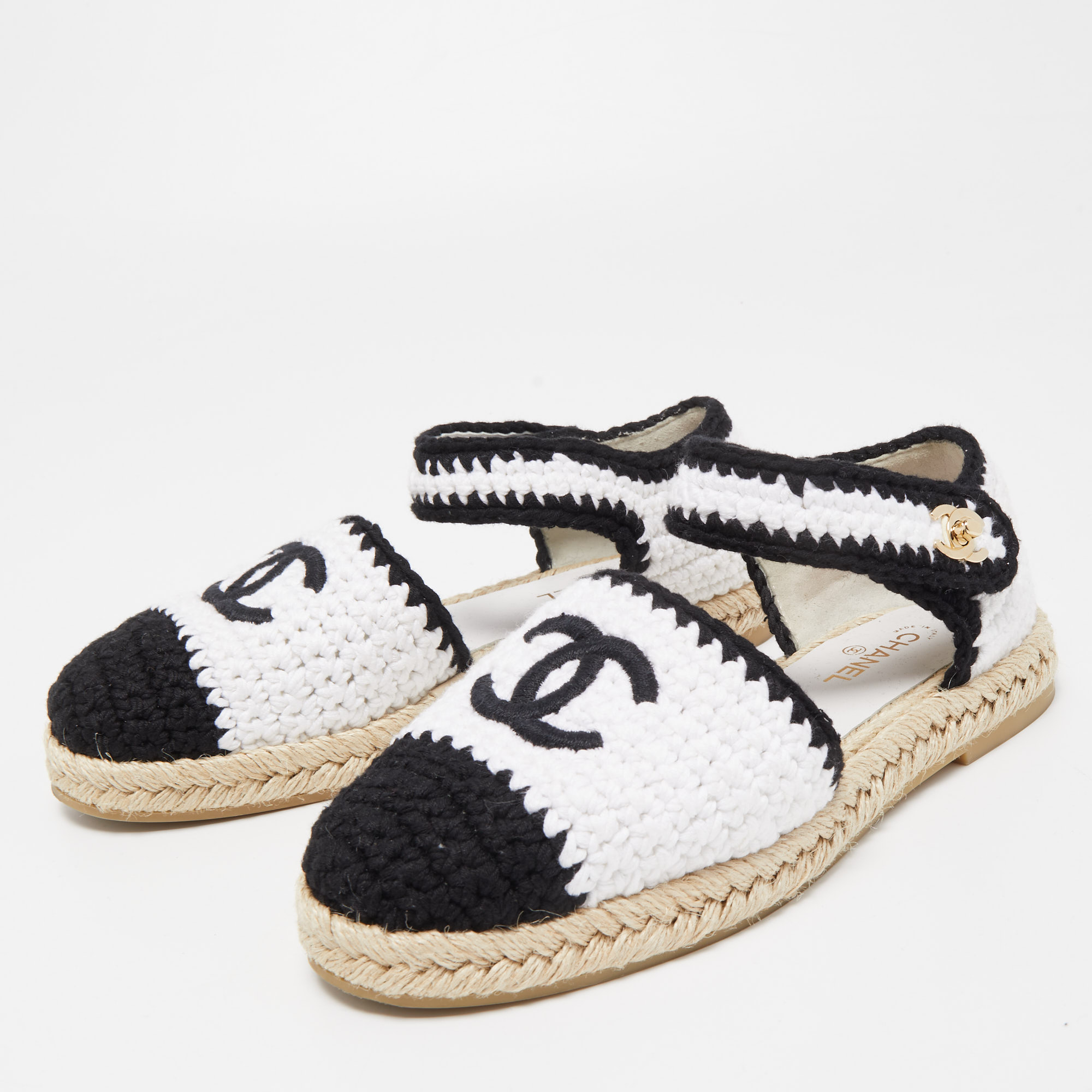 

Chanel White/Black Embroidery Ankle Strap Espadrilles Size