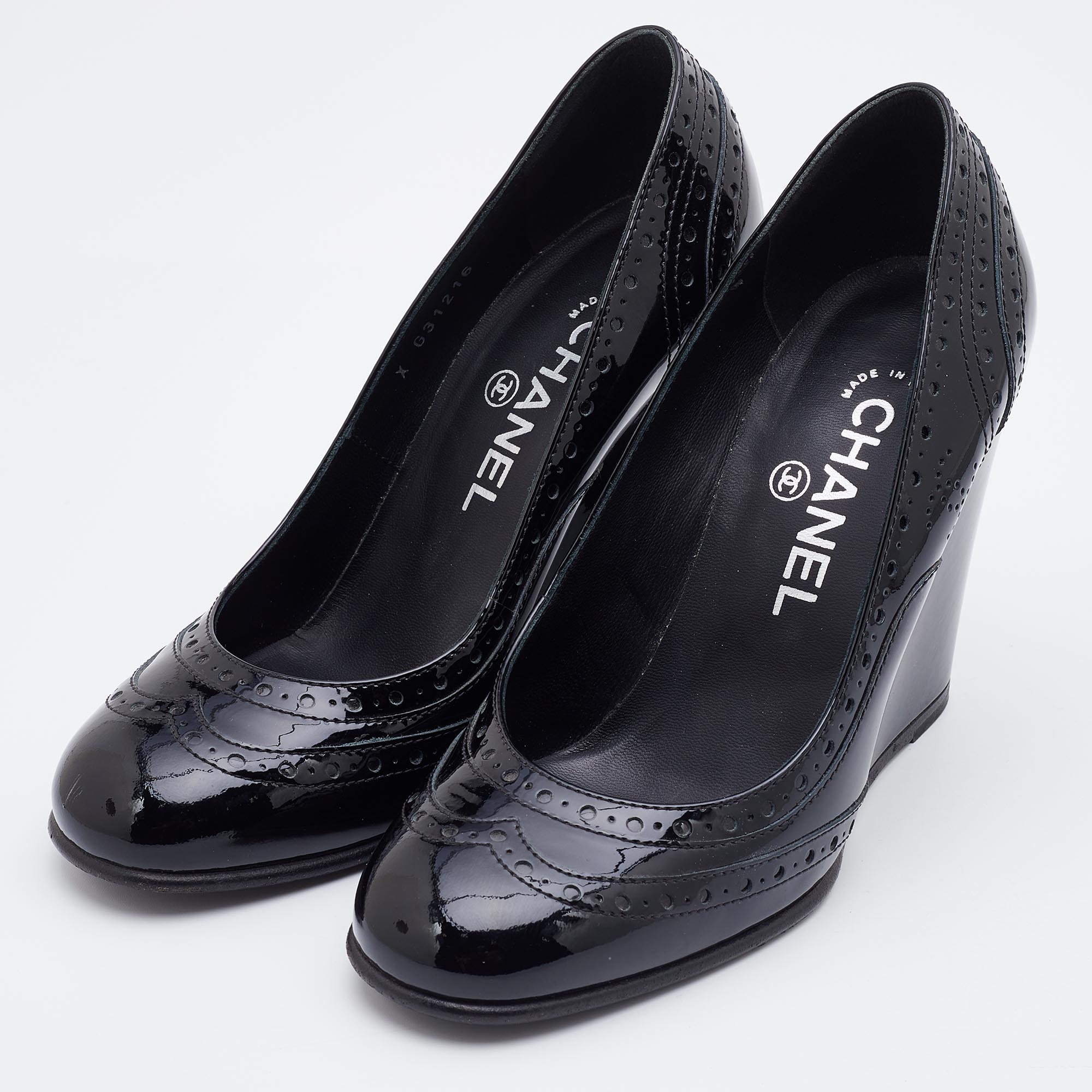 

Chanel Black Brogue Patent Leather Wedge Pumps Size