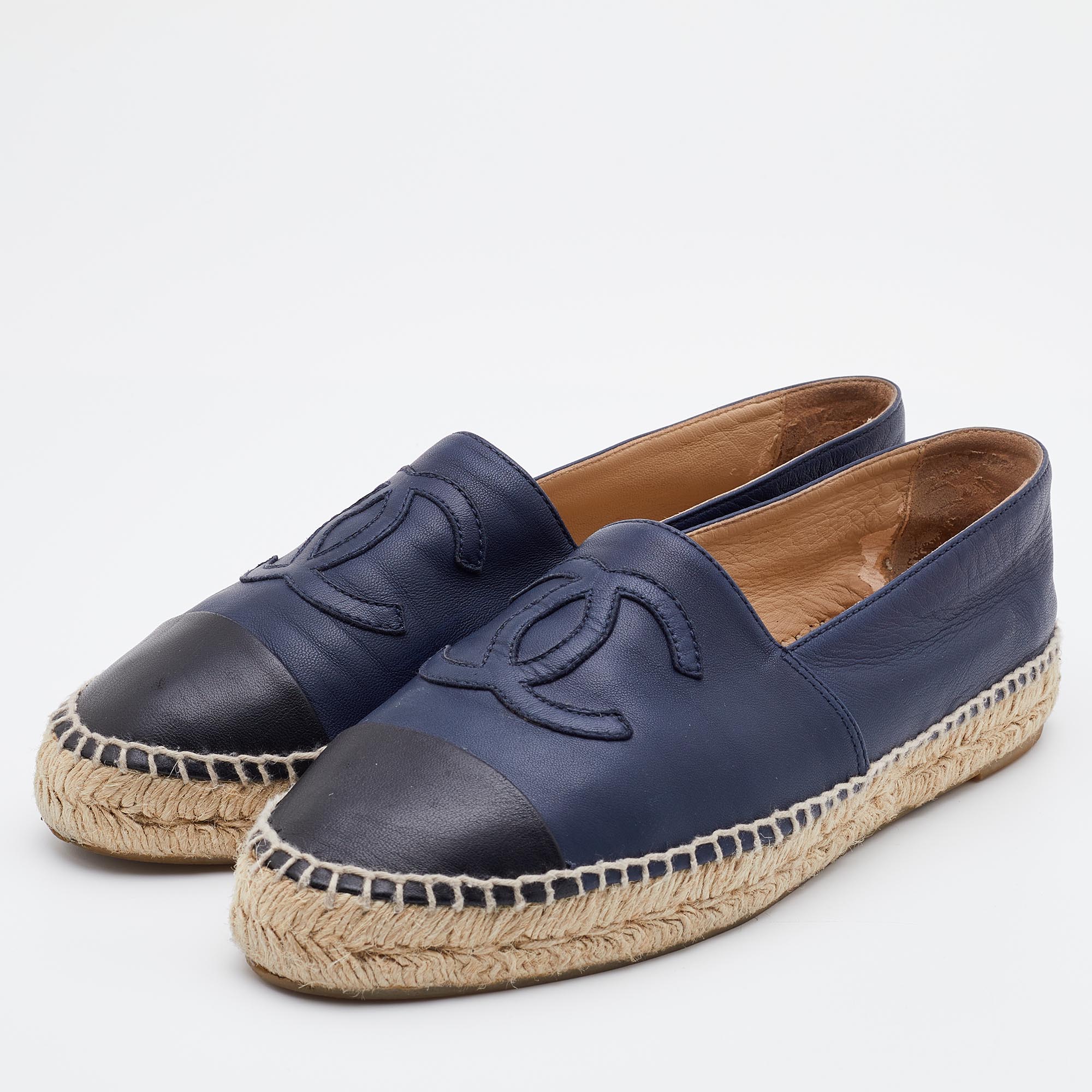 

Chanel Blue/Black Leather CC Cap Toe Espadrilles Flats Size