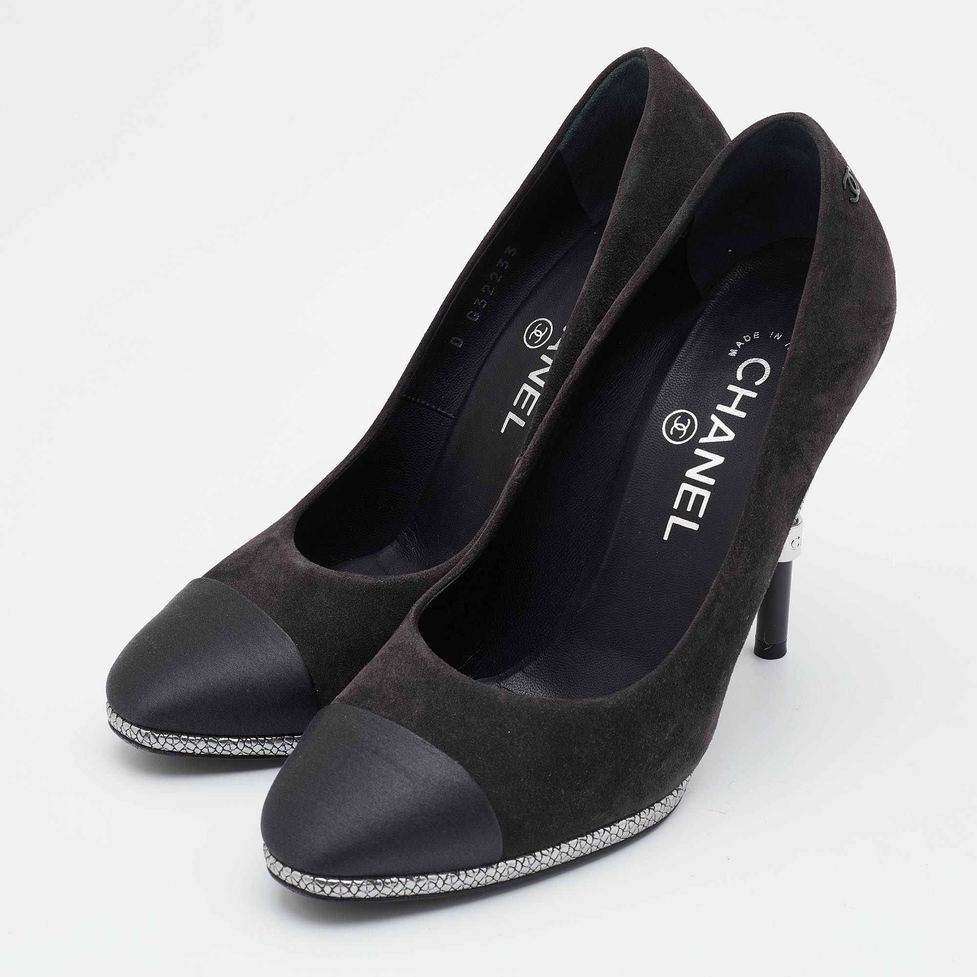 

Chanel Black Suede and Satin Cap Toe CC Pumps Size