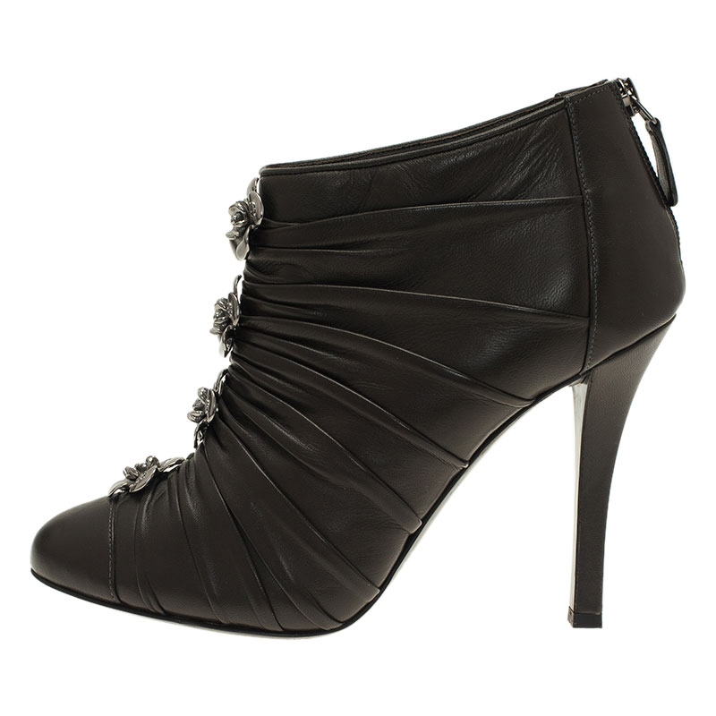 

Chanel Dark Grey Pleated Leather Camellia Ankle Boots Size