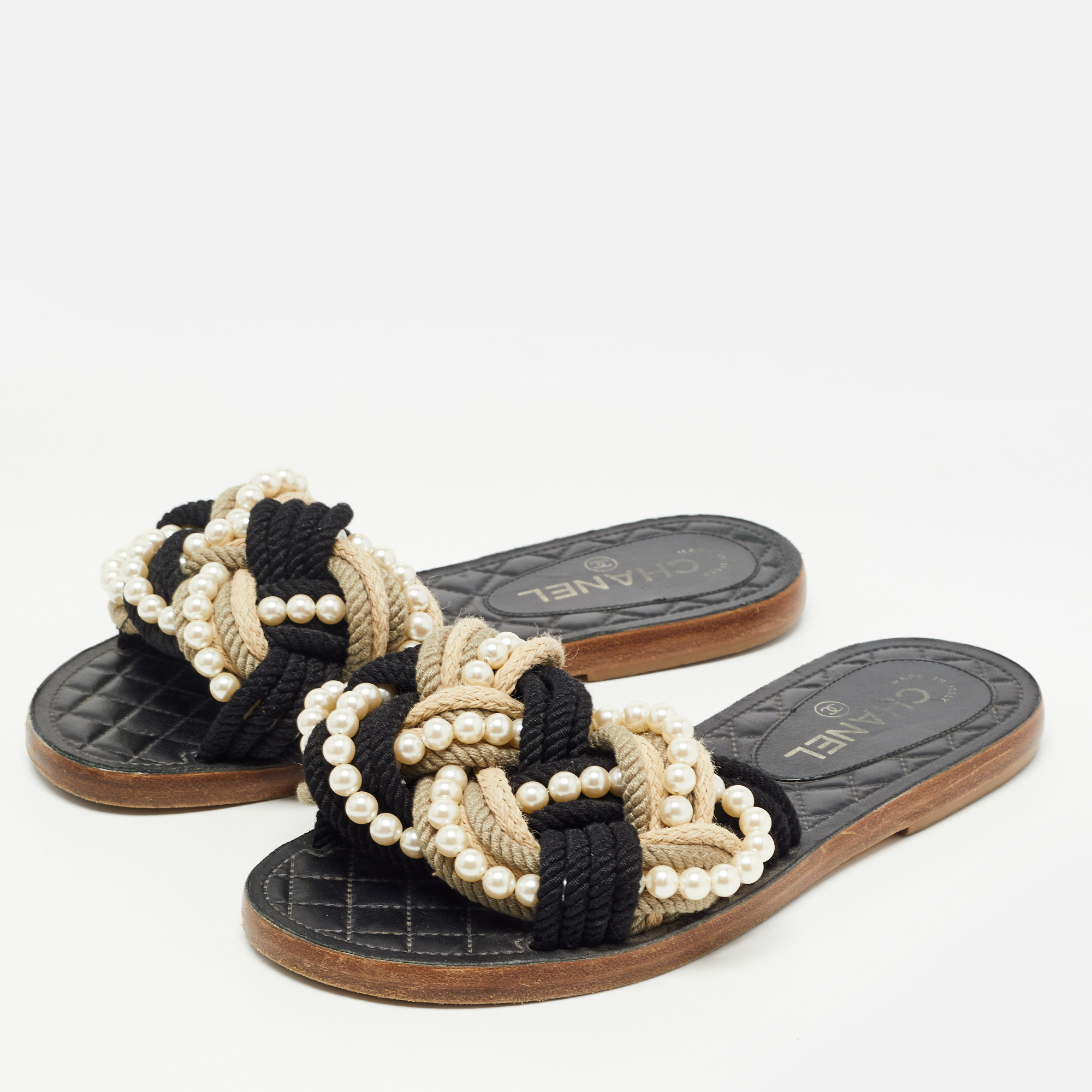 

Chanel Multicolor Rope With Faux Pearls Cuba Slide Sandals Size, Black