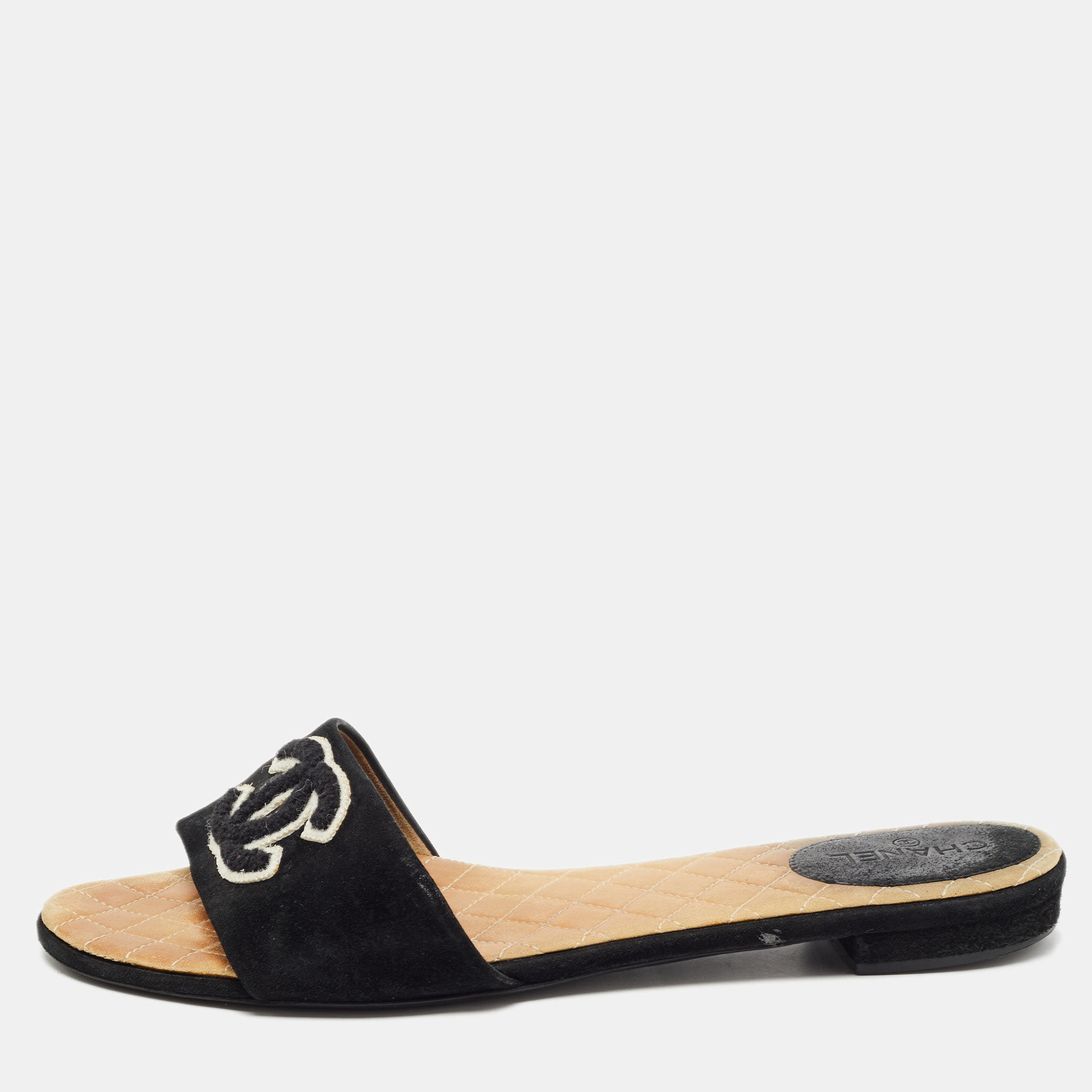 Pre Owned Chanel Black Suede Embroidered CC Flat Slides Size 39.5
