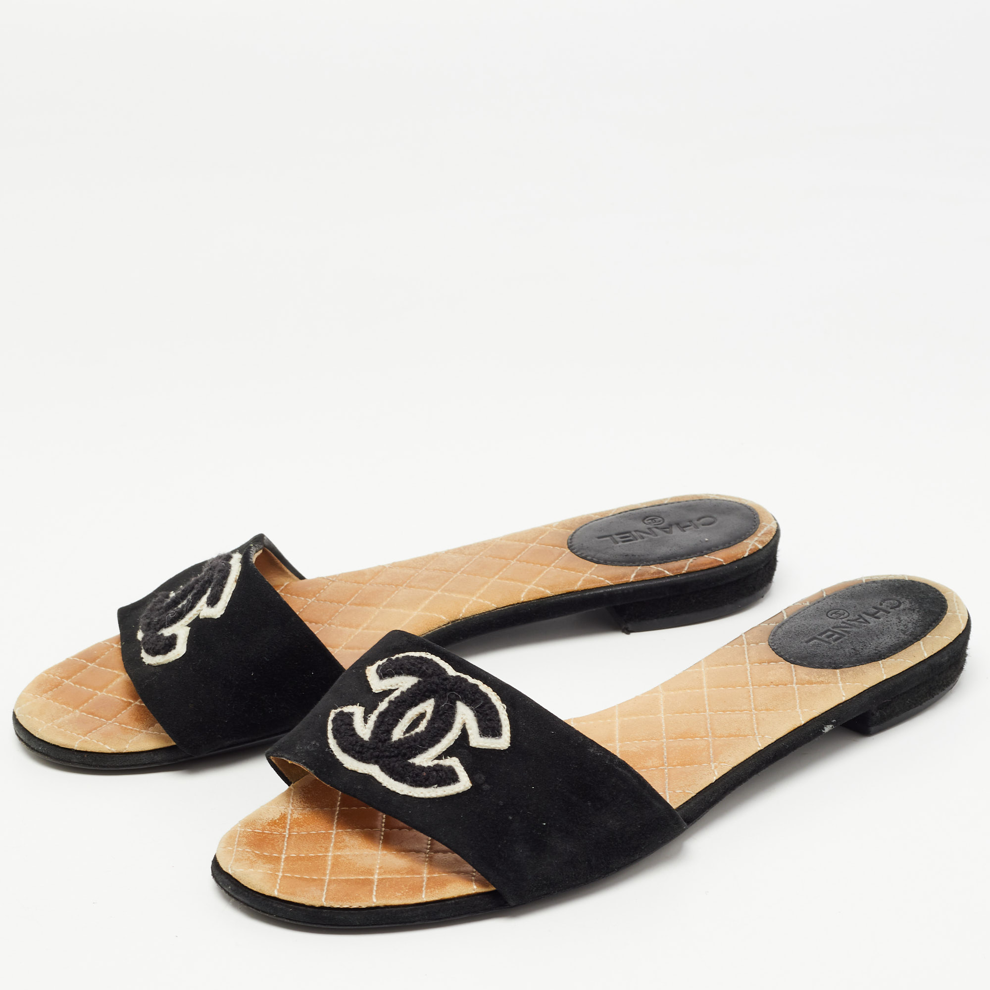 

Chanel Black Suede Embroidered CC Flat Slides Size