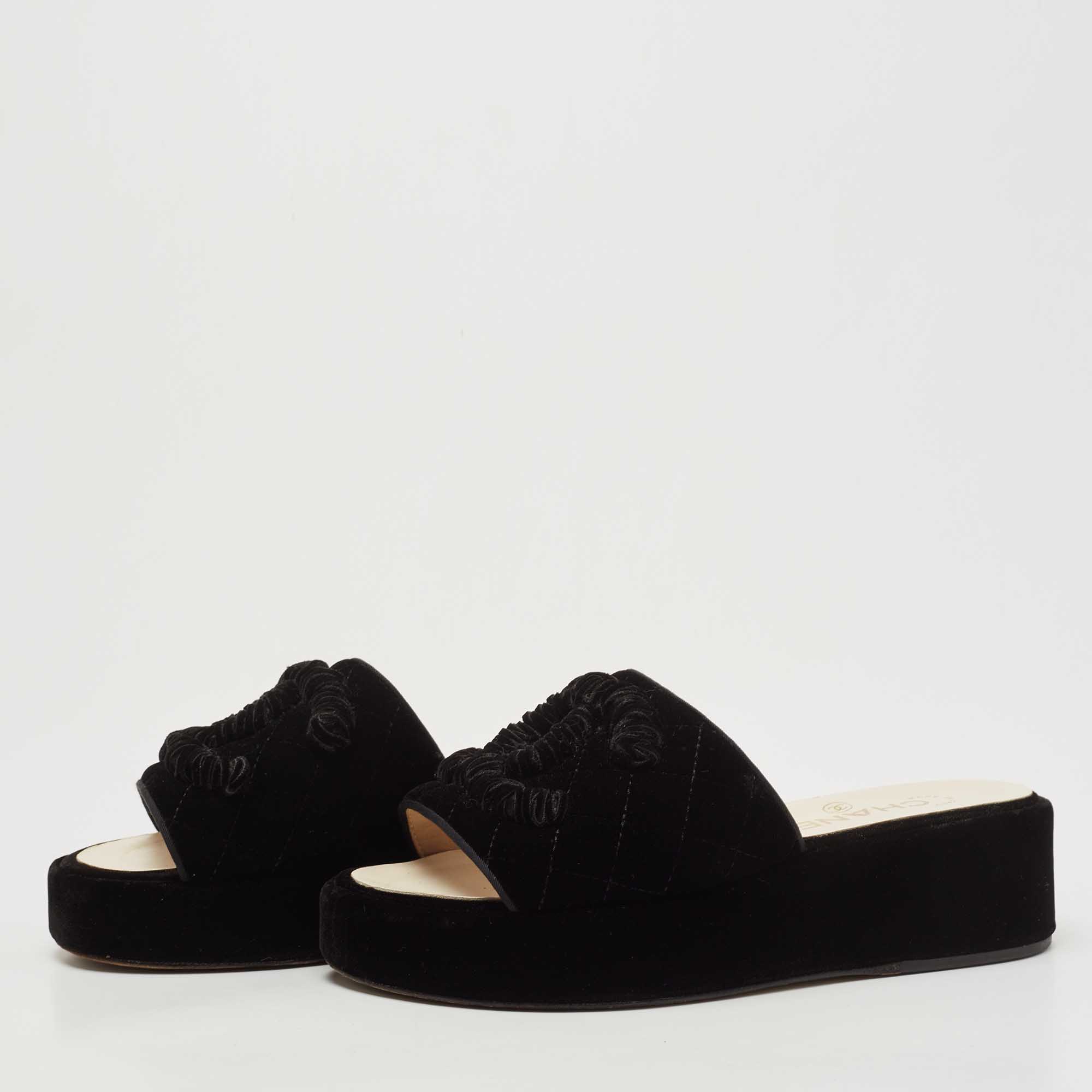 

Chanel Black Velvet Platform Slides Size