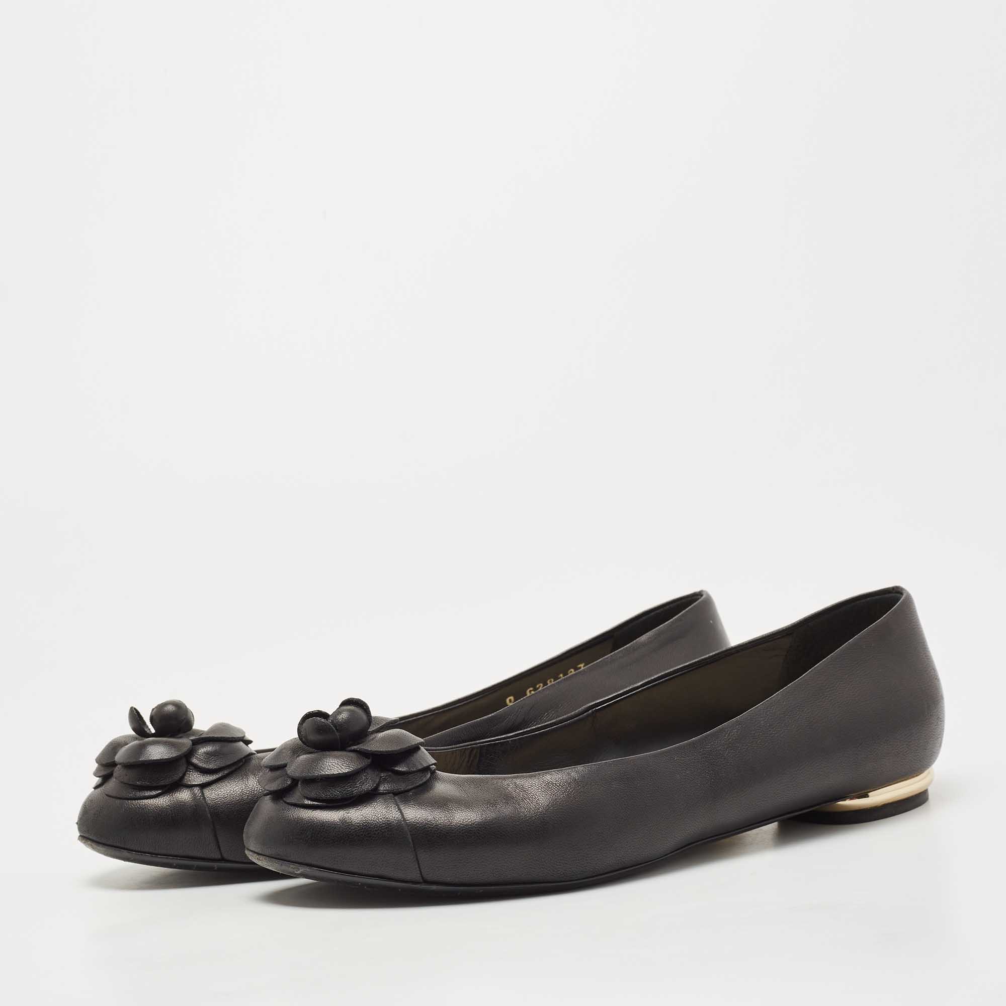 

Chanel Black Leather Camelia Ballet Flats Size