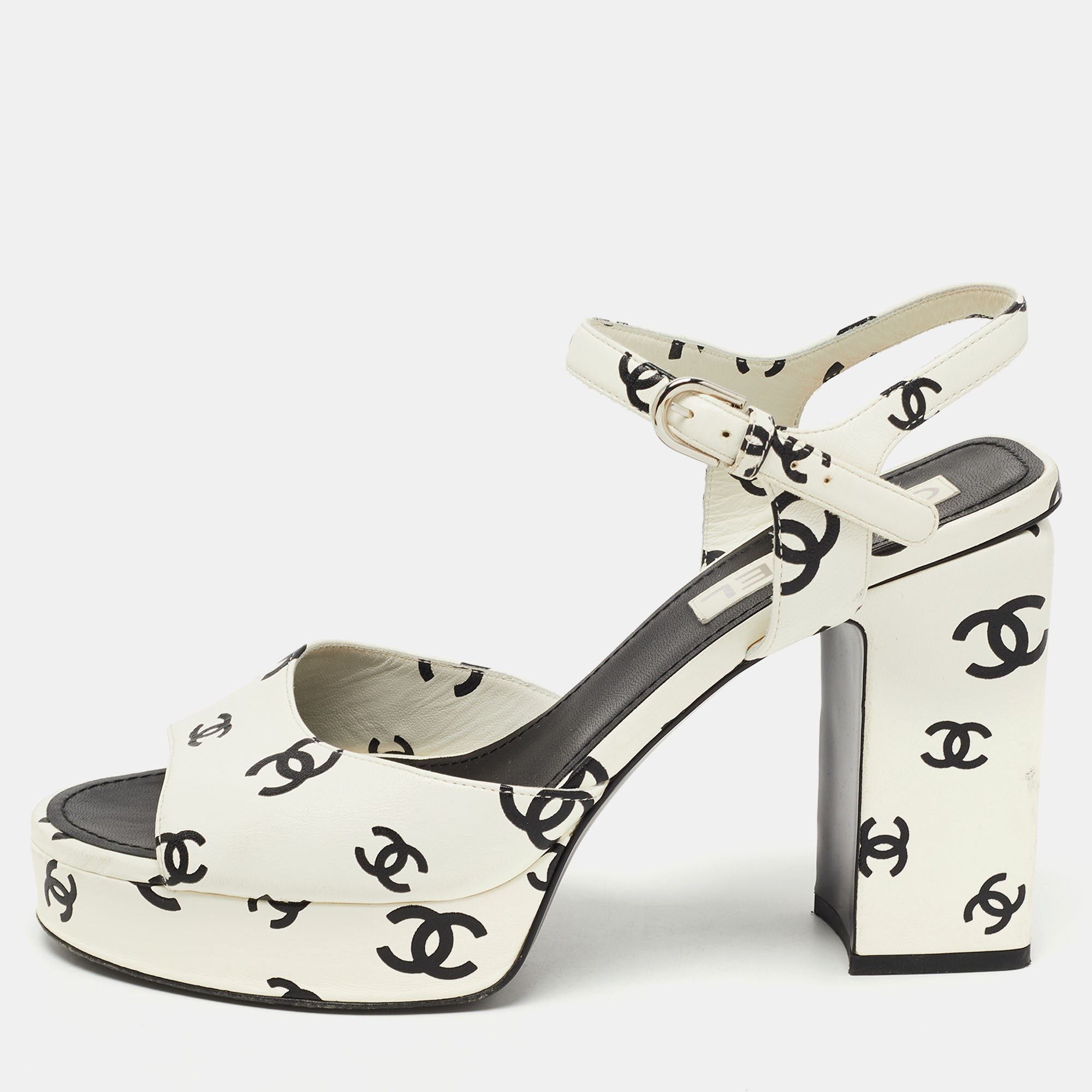 Pre Owned Chanel White Leather CC Logo Ankle Strap Sandals Size 39.5