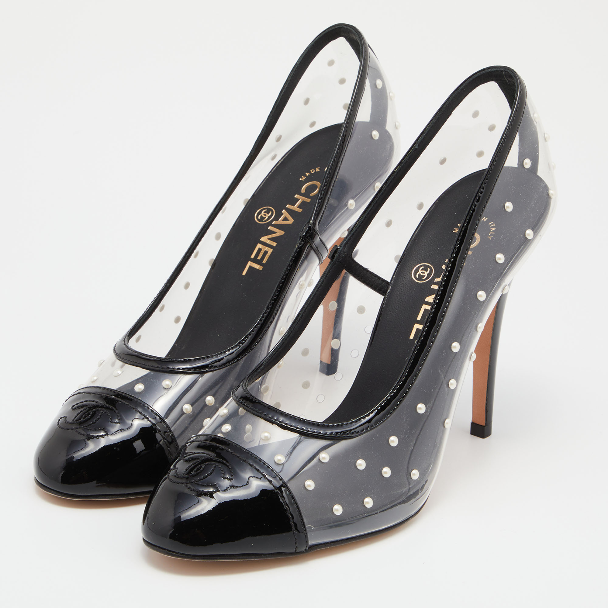 

Chanel Black/Transparent Patent Leather and PVC Pearl Embellished Cap Toe Pumps Size