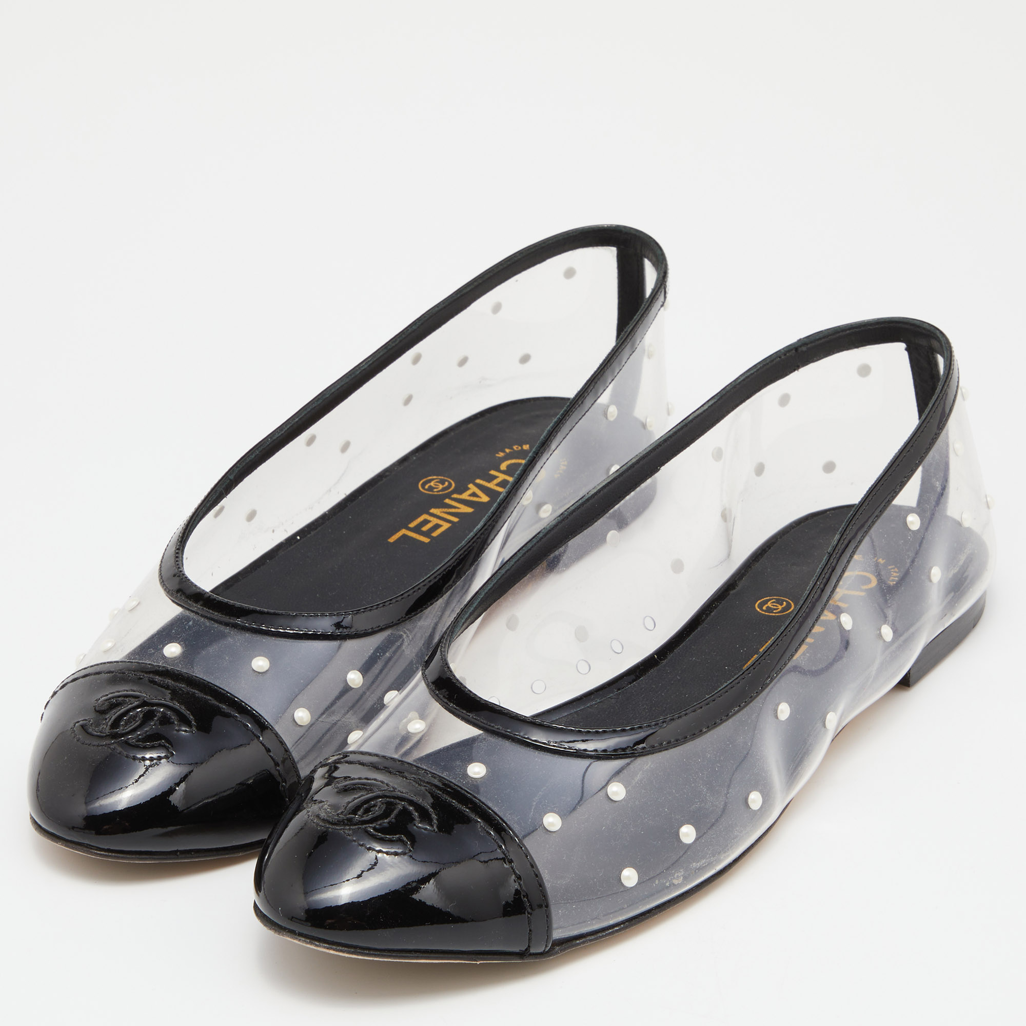 

Chanel Black PVC and Patent Leather Pearl CC Cap Toe Ballet Flats Size
