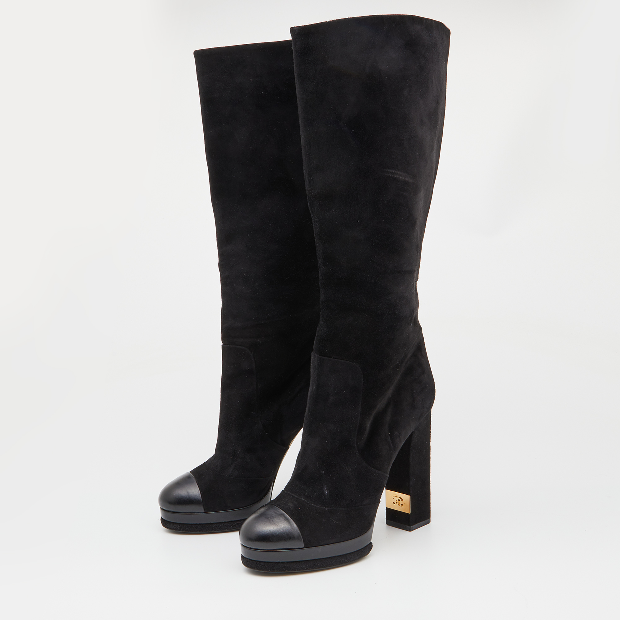 

Chanel Black Suede Platform Knee Length CC Block Heel Boots Size