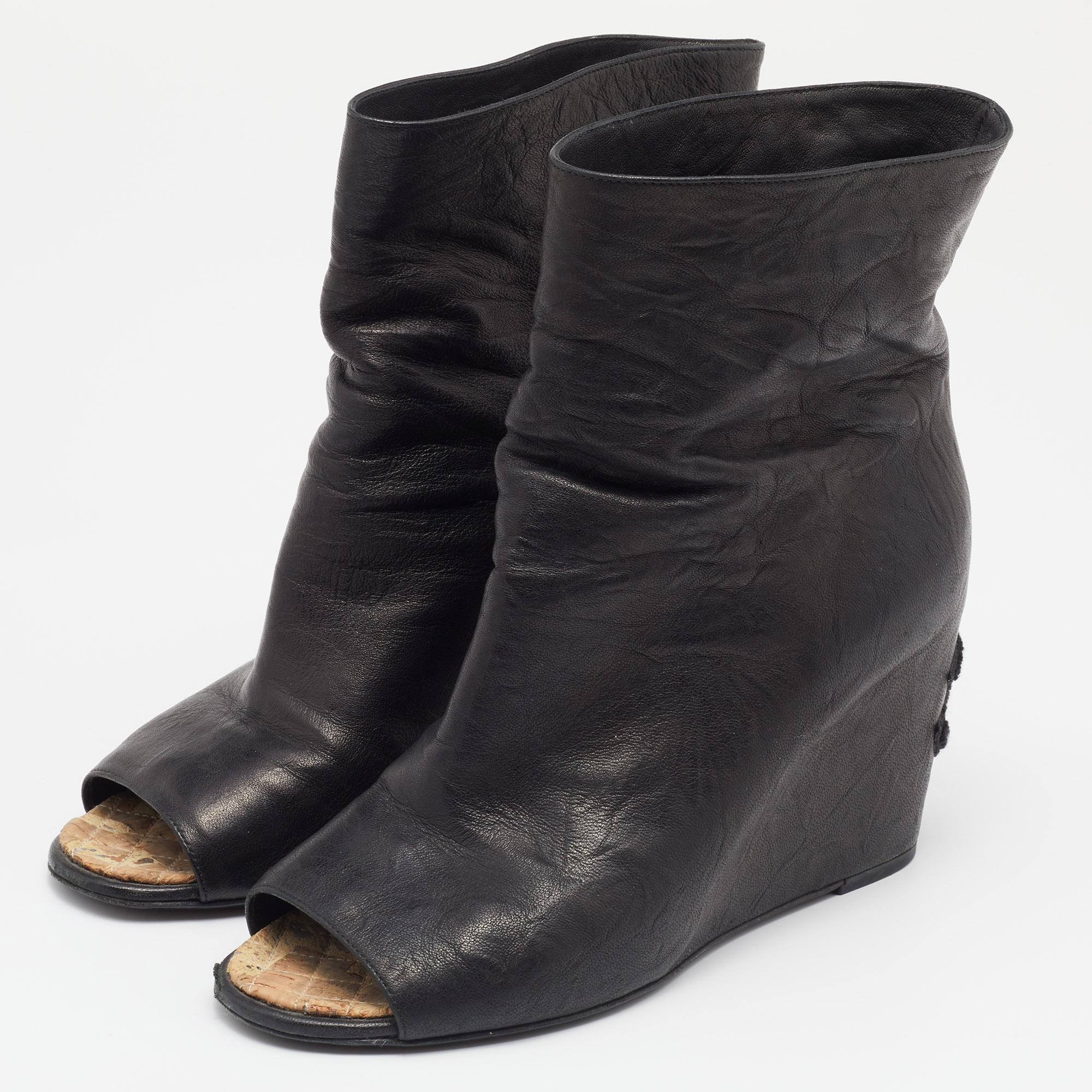 

Chanel Black Leather Peep Toe Wedge Ankle Boots Size