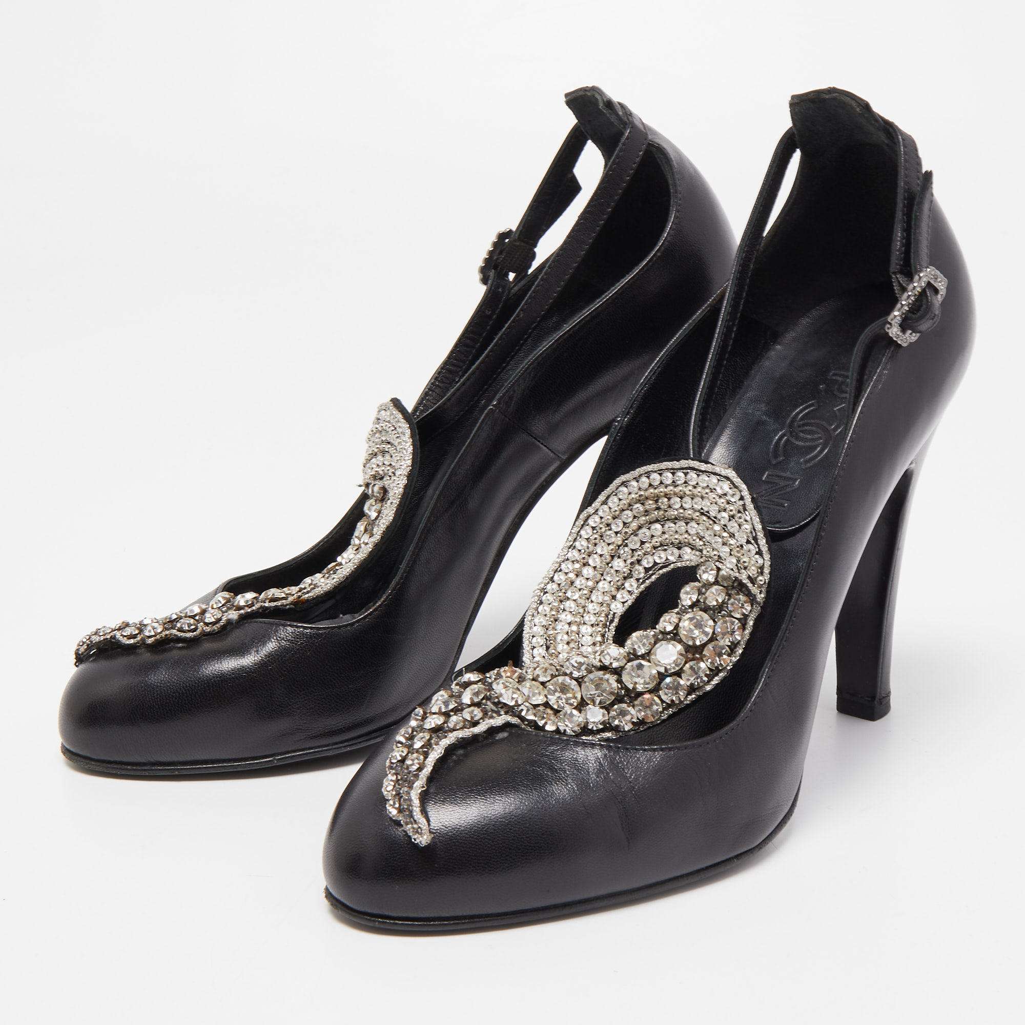 

Chanel Black Leather Crystal Embellished T-Strap Pumps Size