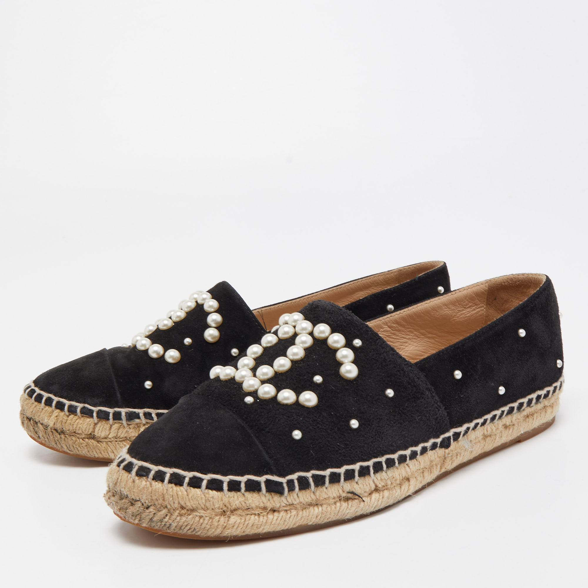 

Chanel Black Suede Faux Pearl Accents CC Cap Toe Slip On Espadrilles Size