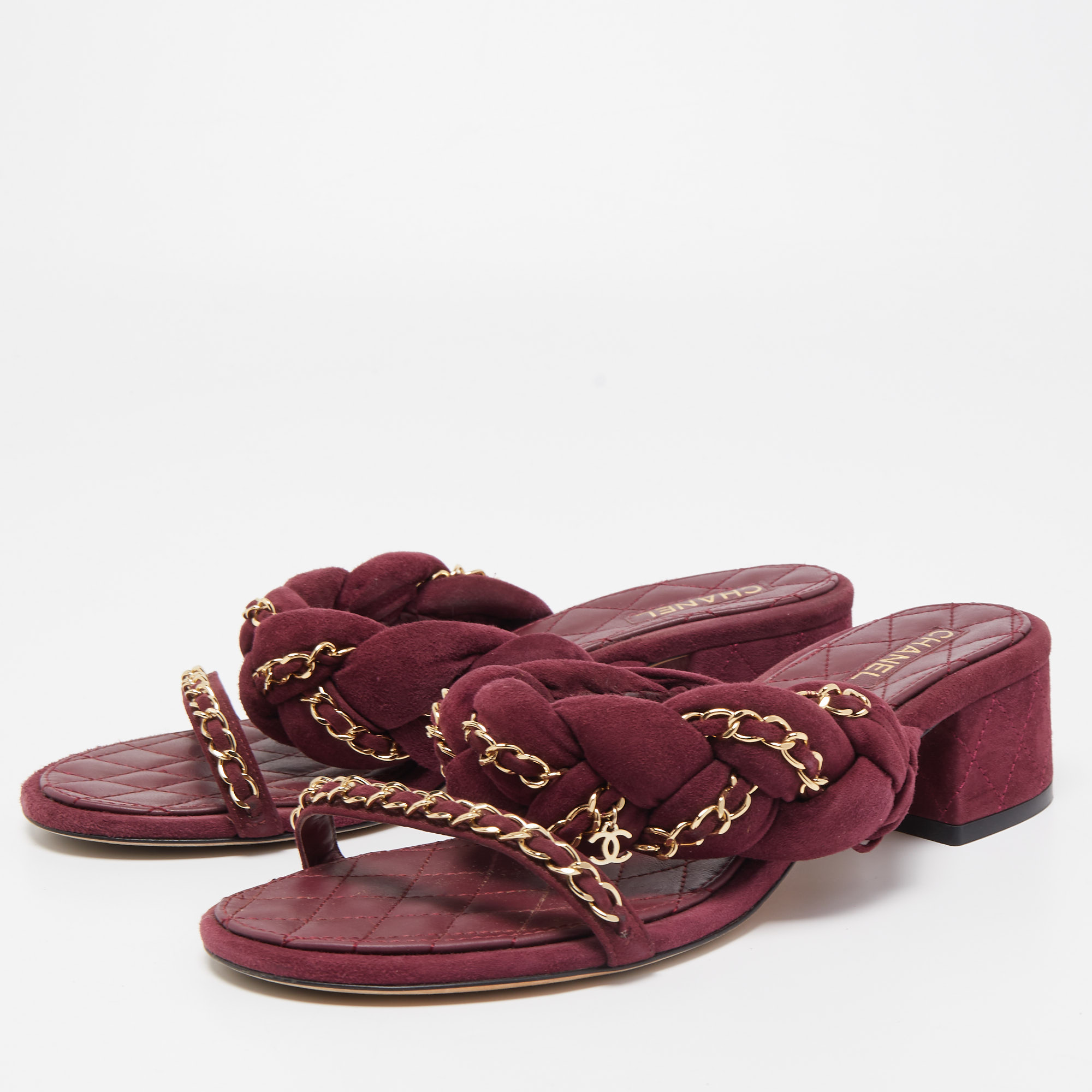 

Chanel Burgundy Suede Chain Slide Sandals Size