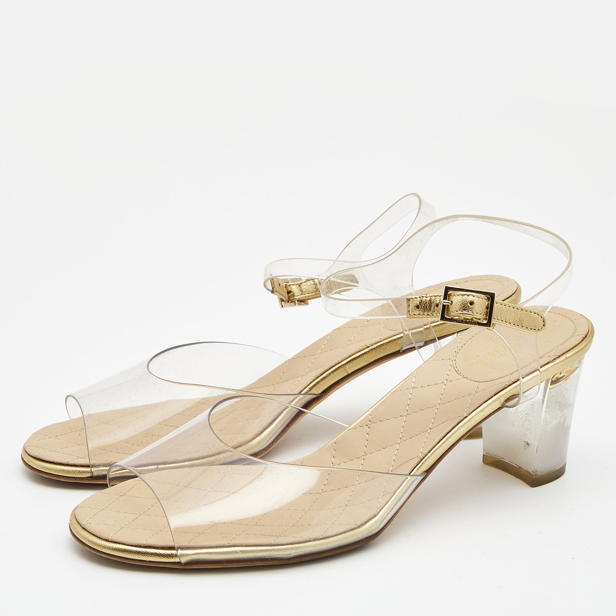

Chanel Gold Leather and PVC Ankle Strap Sandals Size