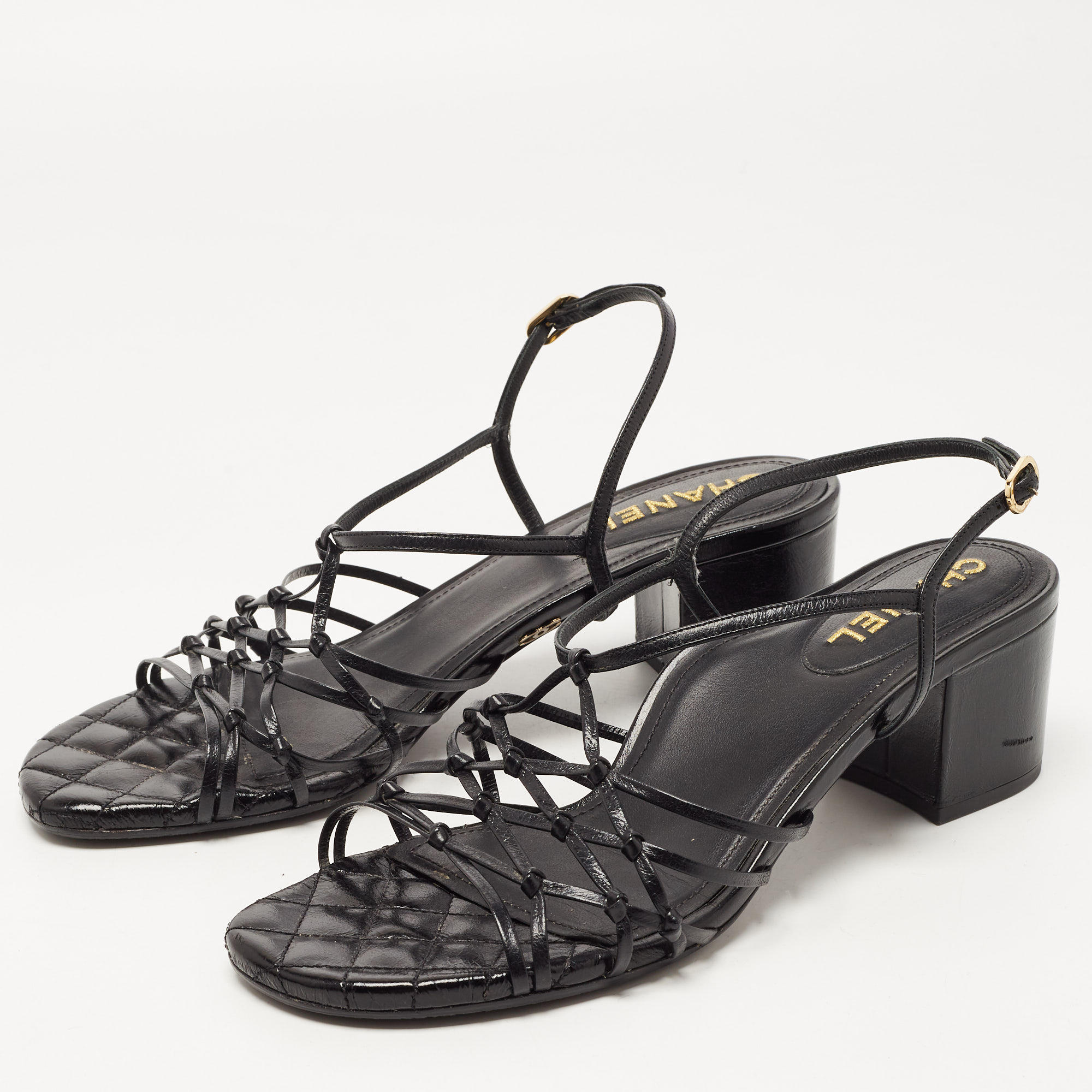 

Chanel Black Knotted Leather Strappy Sandals Size