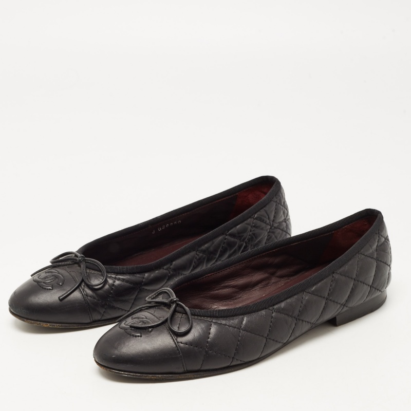

Chanel Black Quilted Leather CC Cap Toe Bow Ballet Flats Size