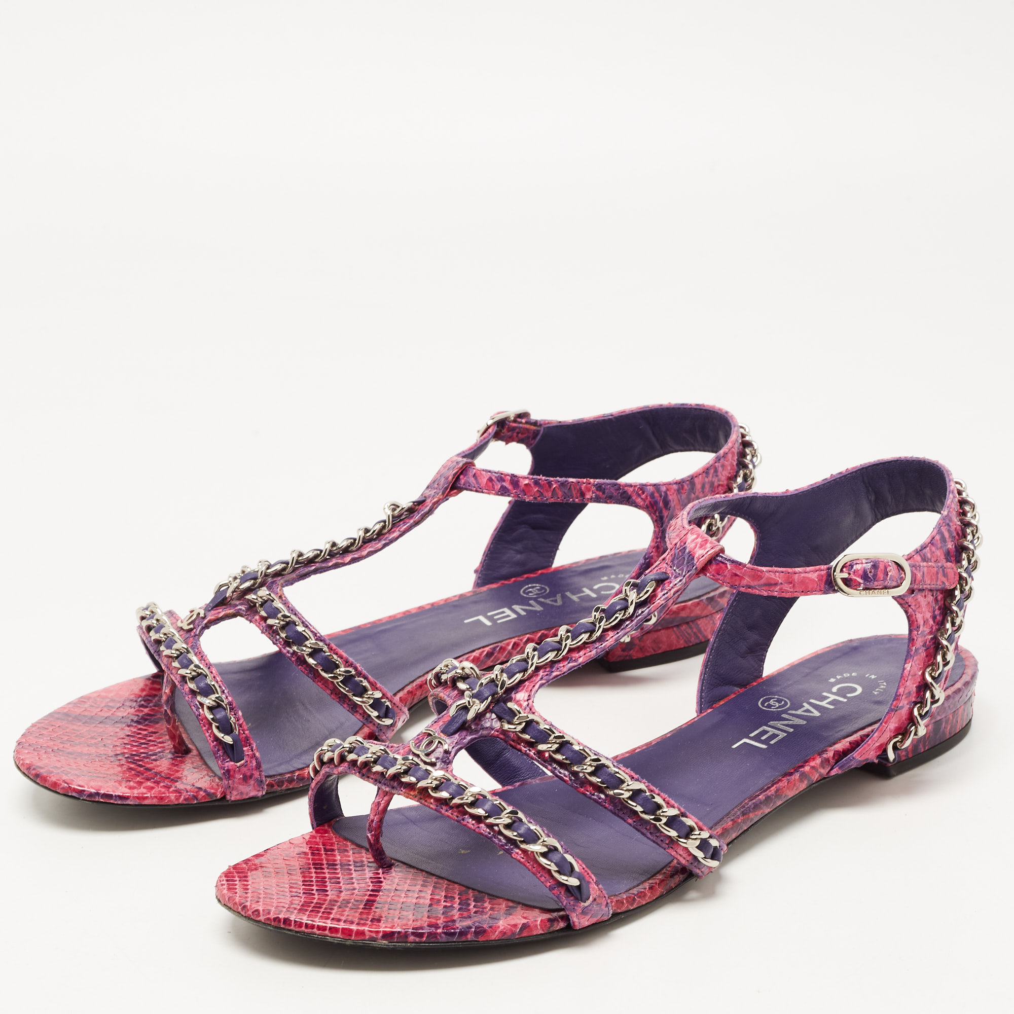 

Chanel Pink/Purple Python CC Chain Link Strappy Flat Sandals Size