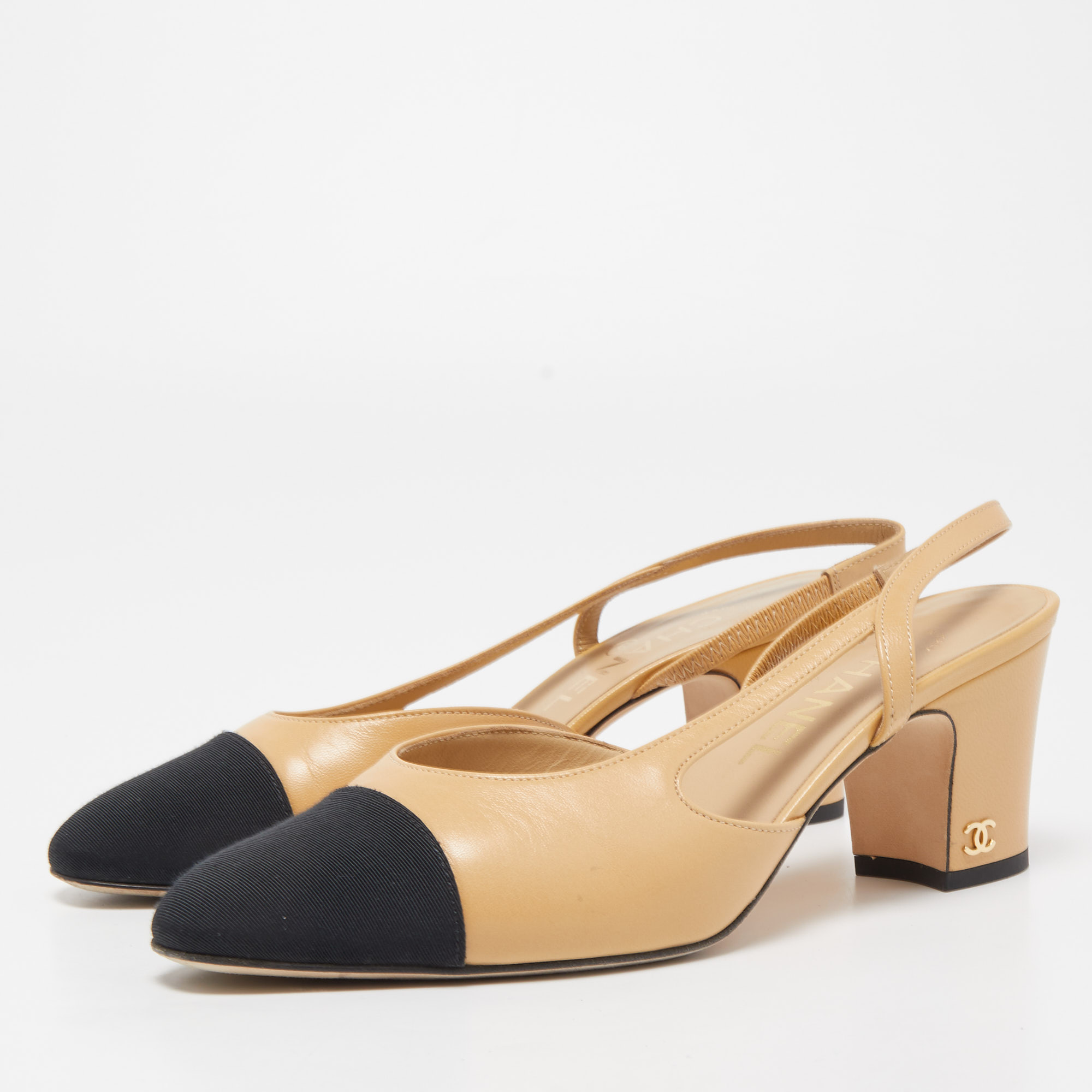 

Chanel Beige/Black Leather and Canvas CC Slingback Pumps Size