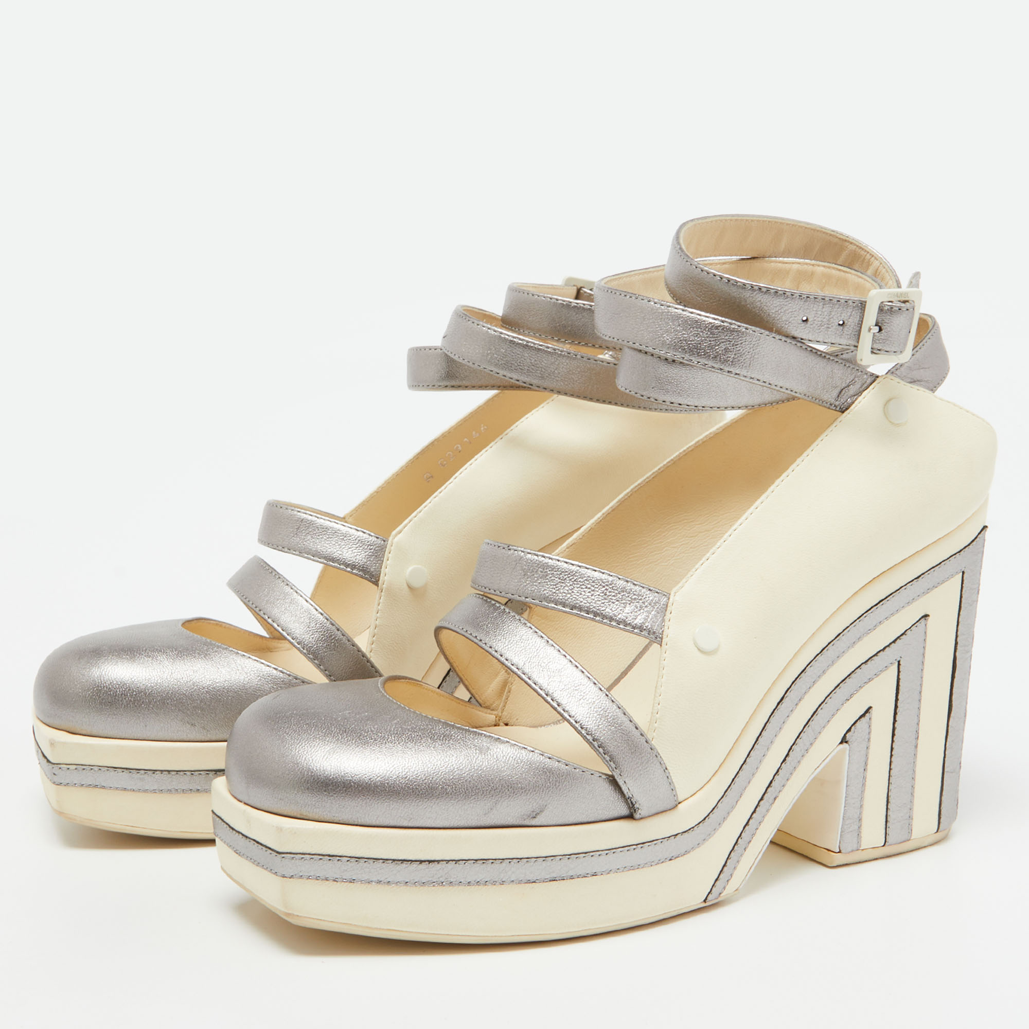 

Chanel Metallic Grey and Cream Leather Ankle Wrap Square Toe Platform Pumps Size