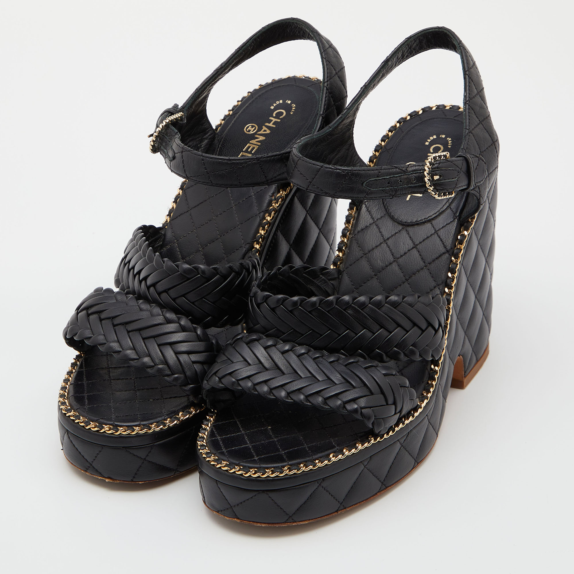 

Chanel Black Braided Leather CC Chain Link Wedge Platform Sandals Size
