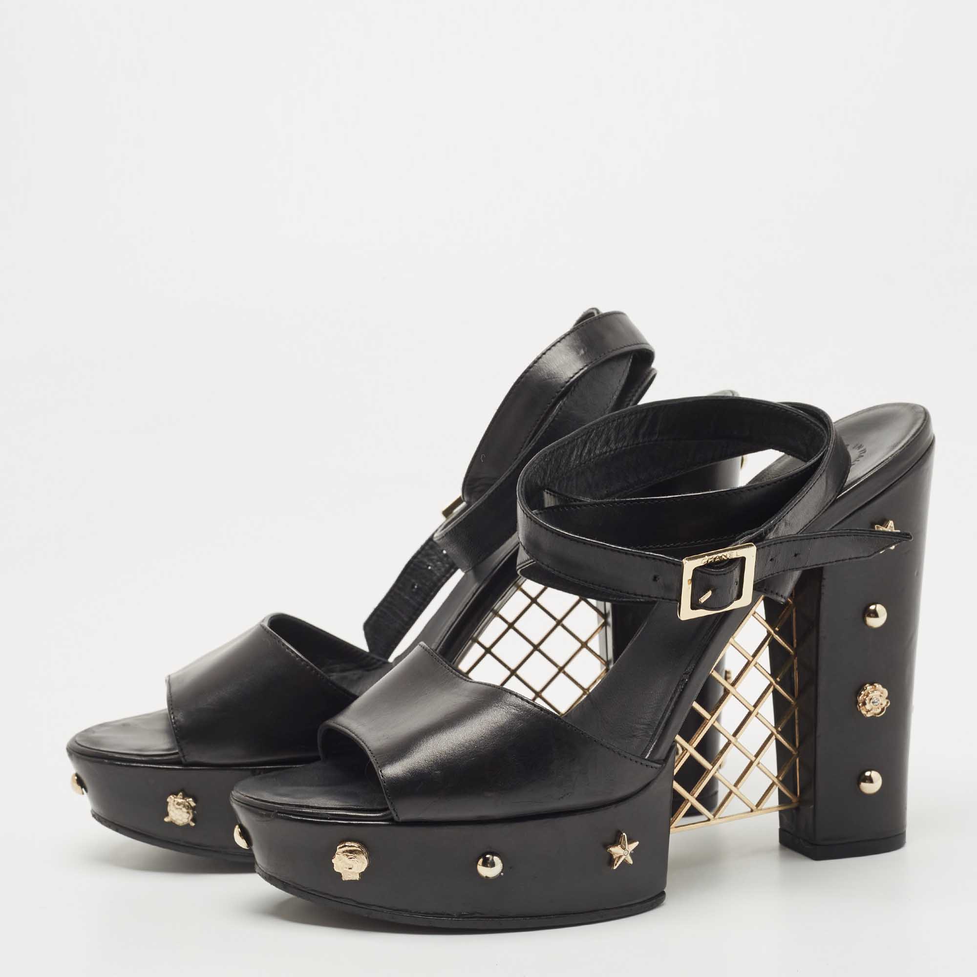

Chanel Black Leather Embellished CC Block Heel Ankle Strap Sandals Size
