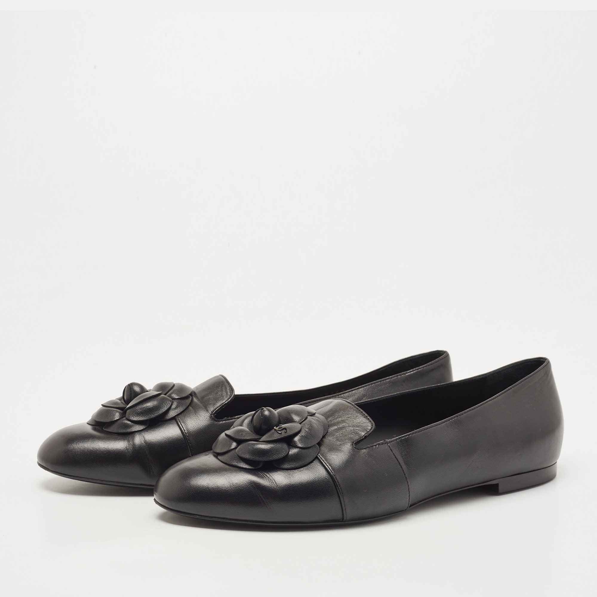 

Chanel Black Leather Camellia Flower CC Slip On Smoking Slippers Size