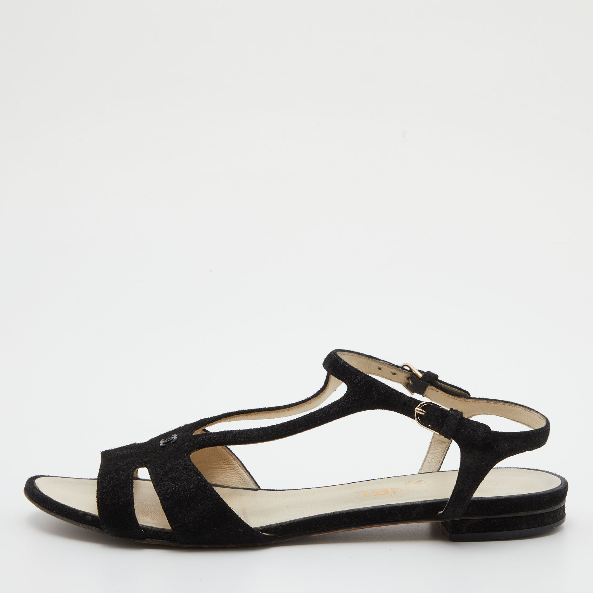 

Chanel Black Suede Cut Out Flat Sandals Size