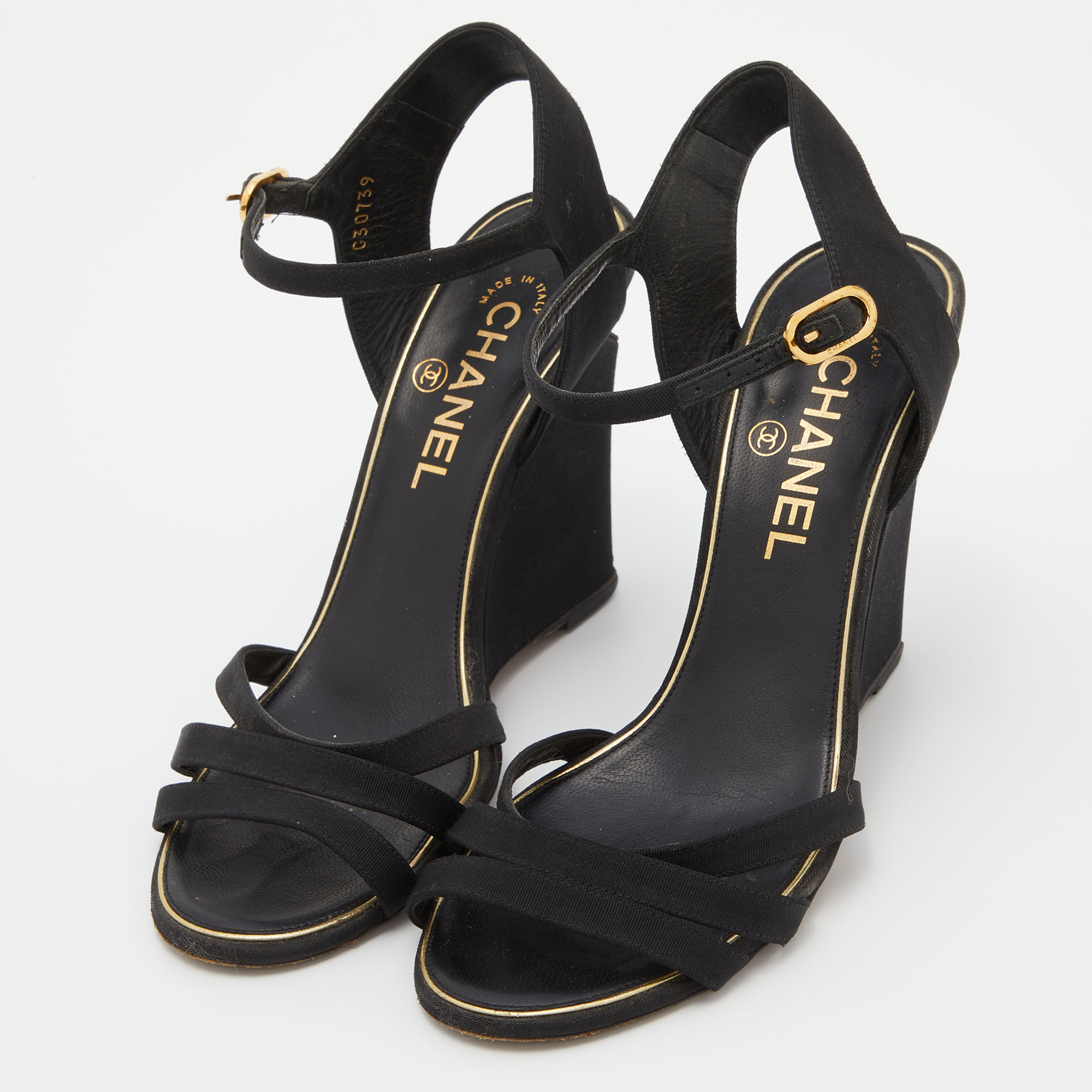 

Chanel Black Canvas Pearl-Embellished Wedge Sandals Size