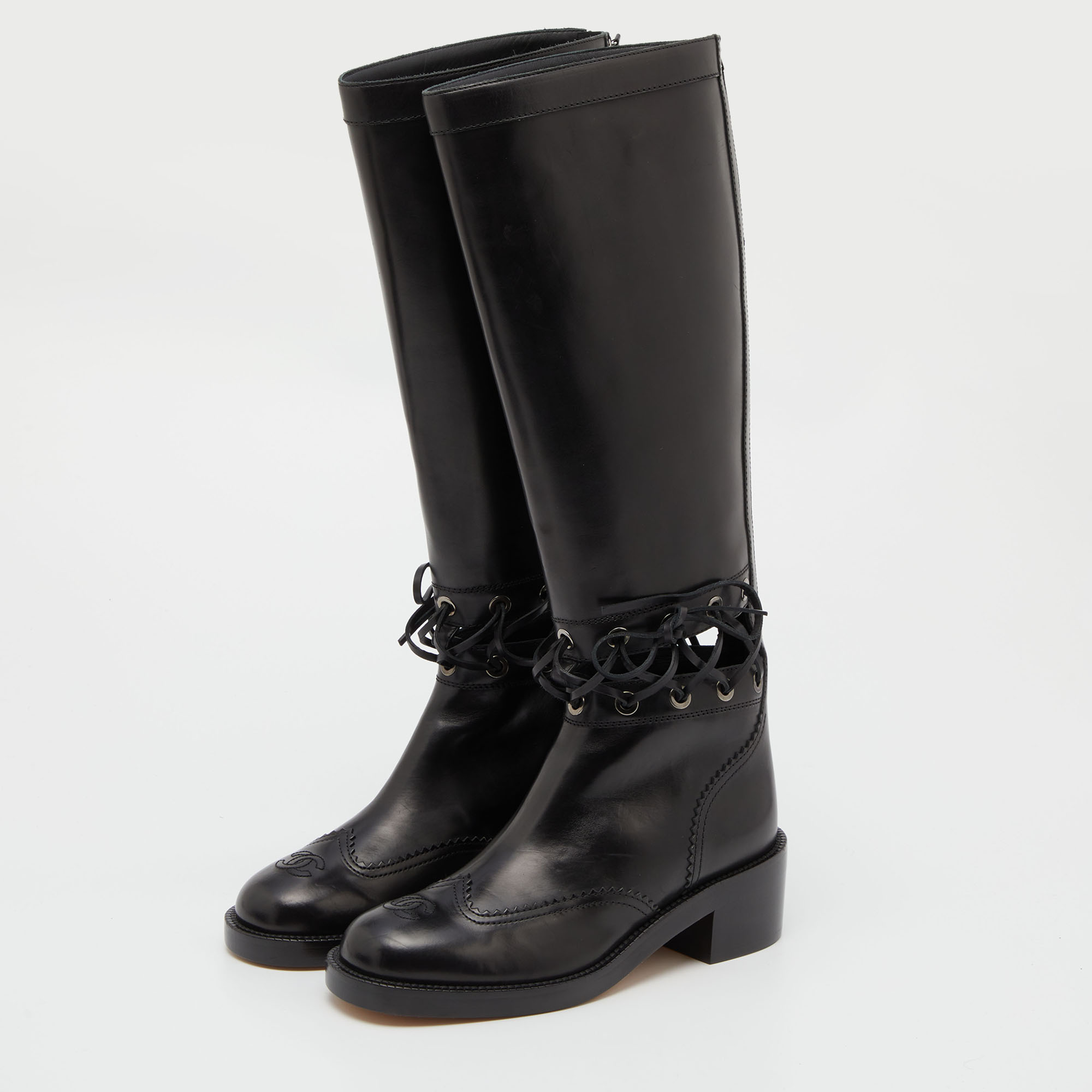 

Chanel Black Leather CC Cut Out Knee Length Boots Size
