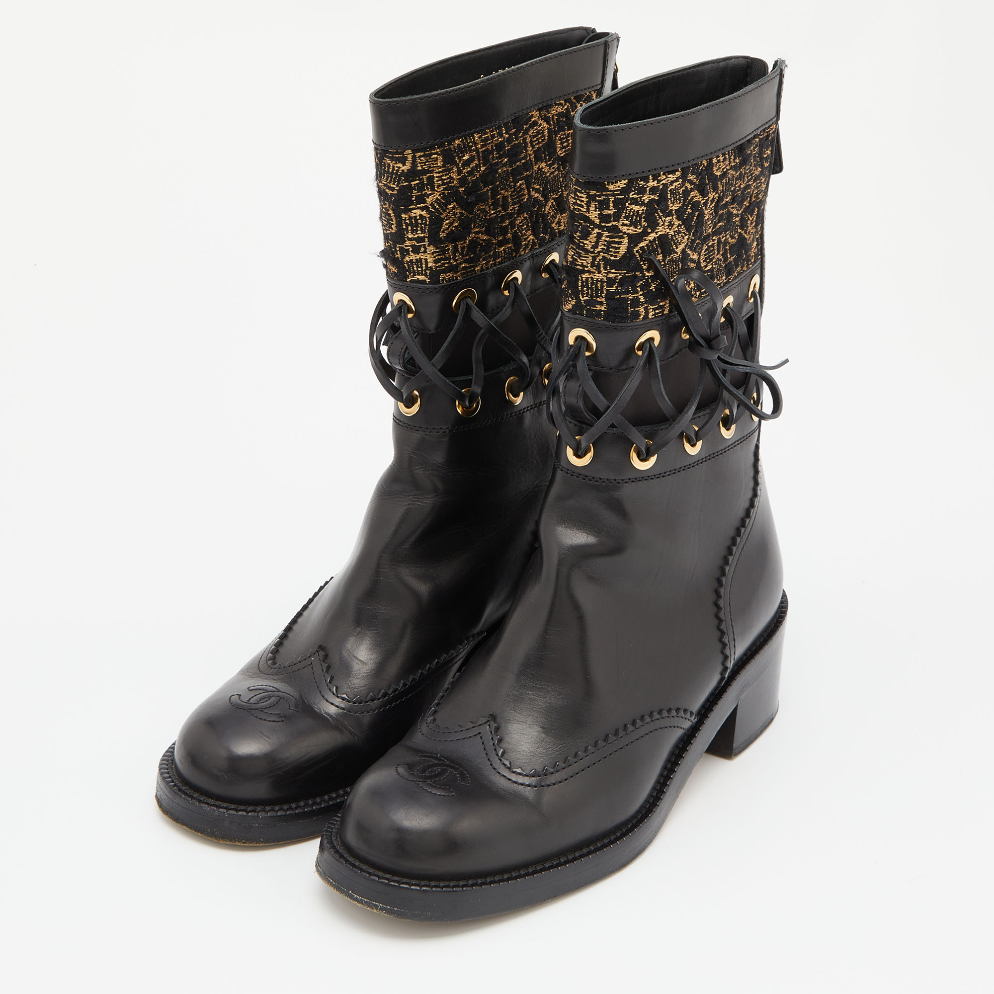 

Chanel Black/Gold Leather and Tweed Mid Calf Boots Size