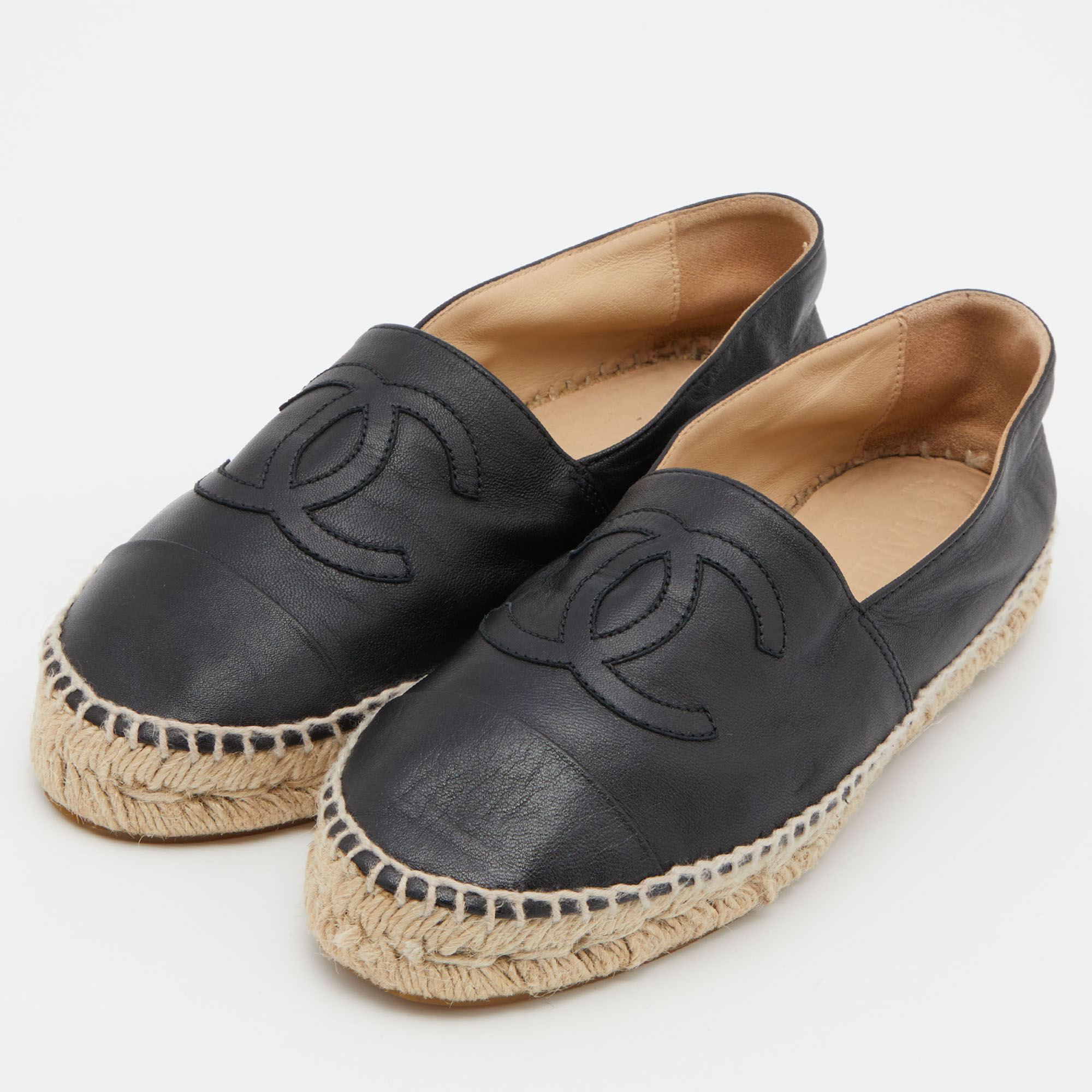 

Chanel Black Leather CC Espadrille Flats Size