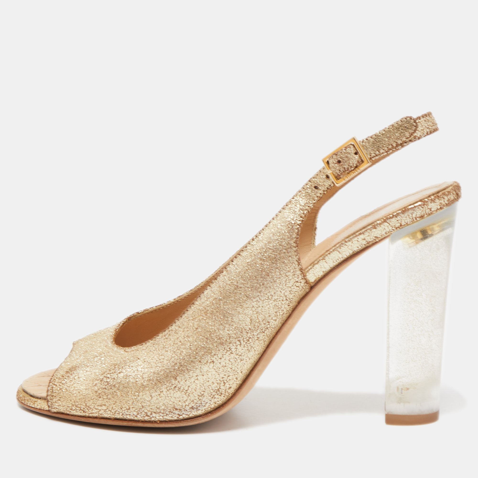 Pre-owned Chanel Gold Crackled Leather Glitter Cc Lucite Heel Peep Toe Slingback Sandals Size 39