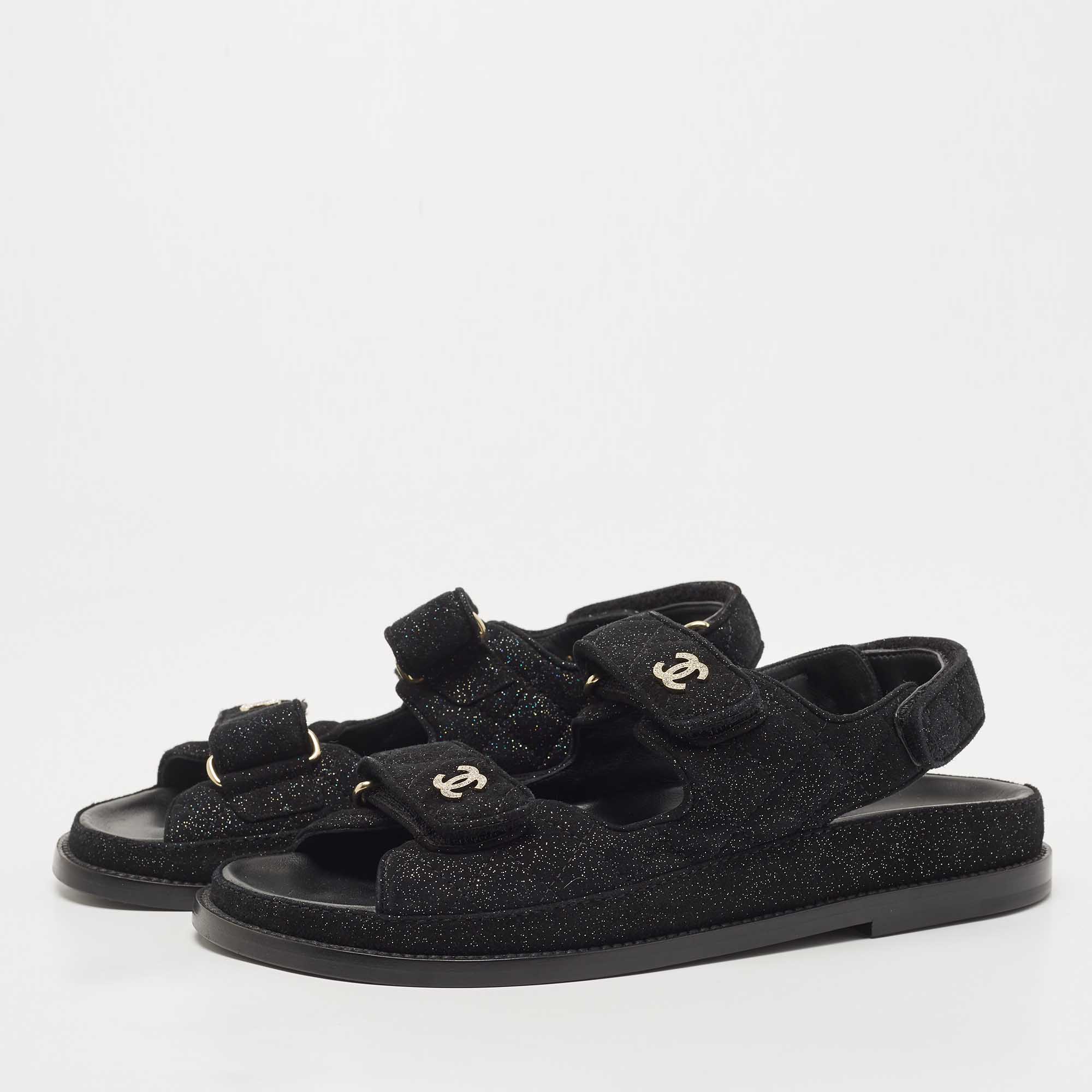 

Chanel Black Glitter Suede Velcro Dad Sandals Size