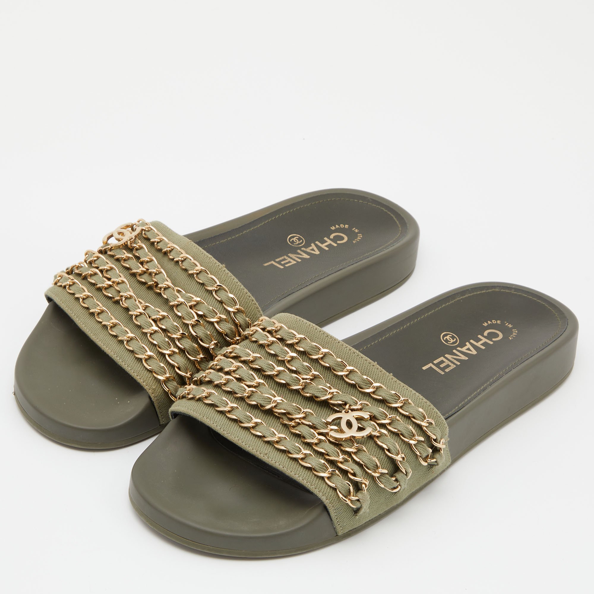 

Chanel Green Canvas Tropiconic Chain Slides Flats Size