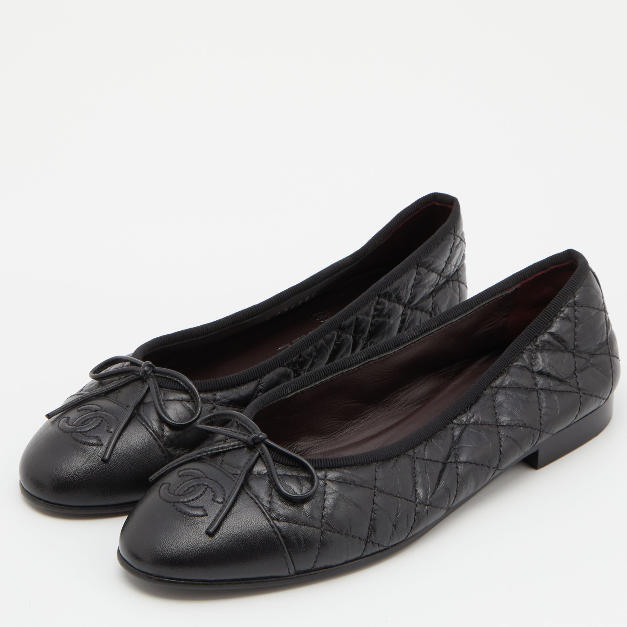 

Chanel Black Leather Bow CC Cap Toe Ballet Flats Size