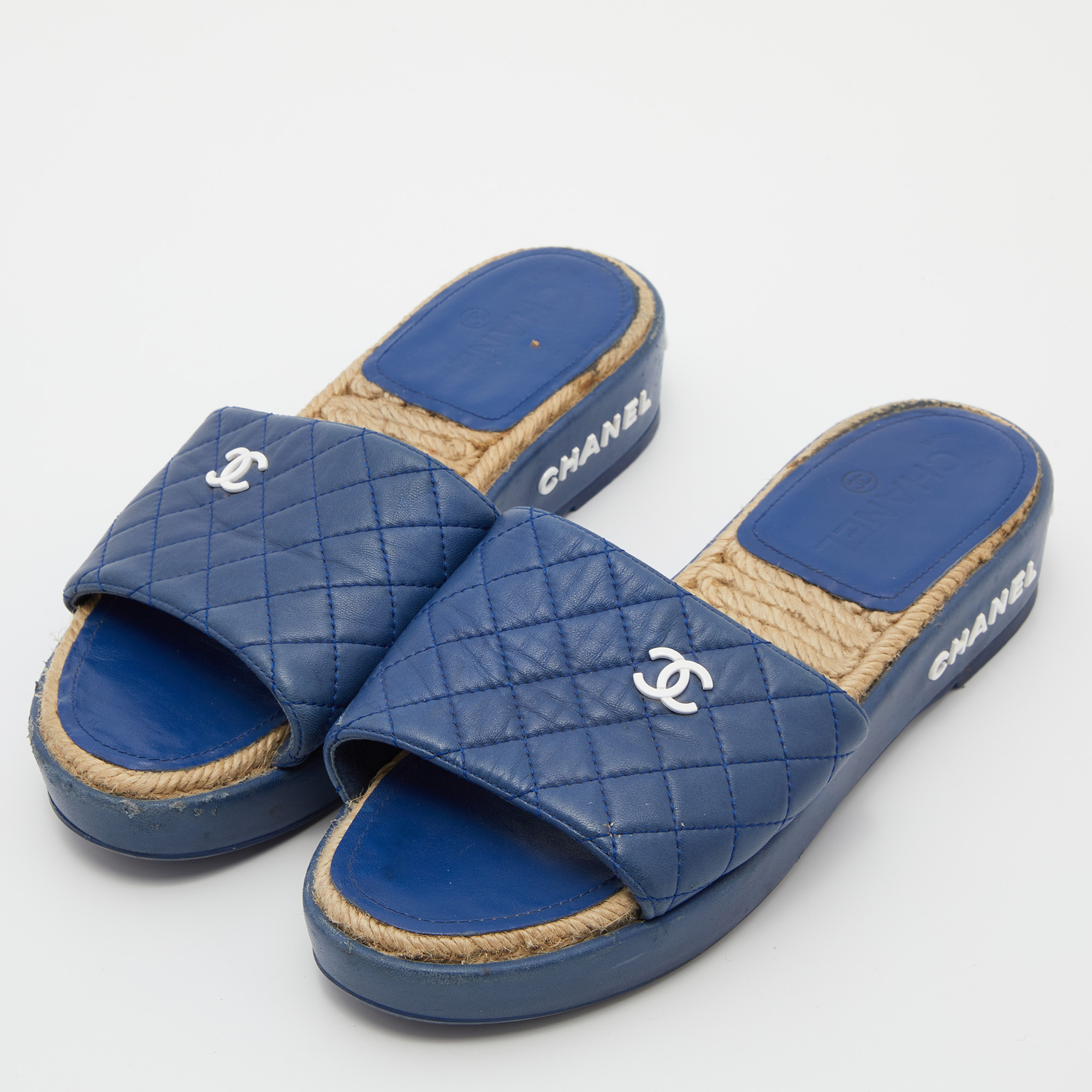 

Chanel Blue Quilted Leather CC Platform Slide Sandals Size