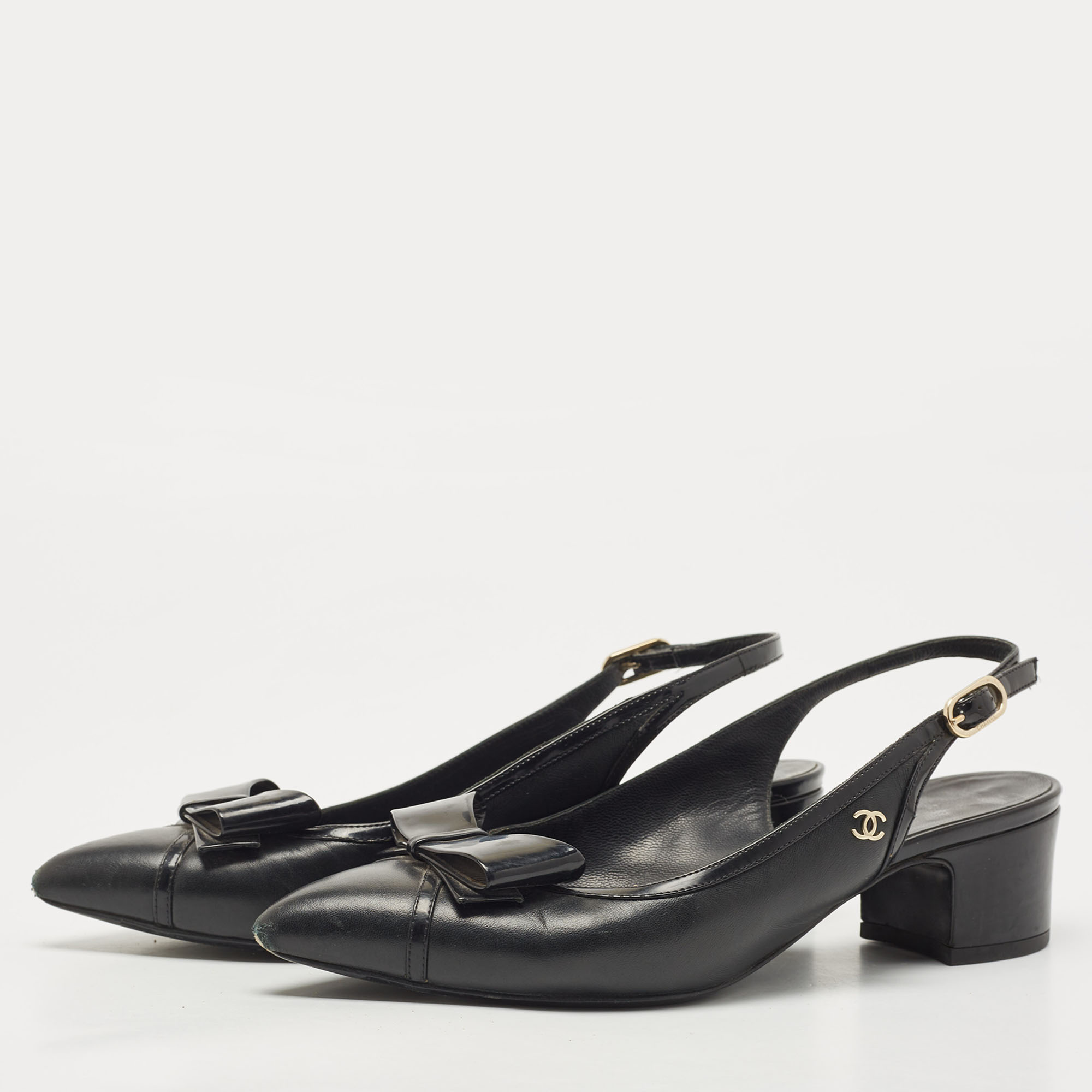 

Chanel Black Leather Bow CC Slingback Pumps Size