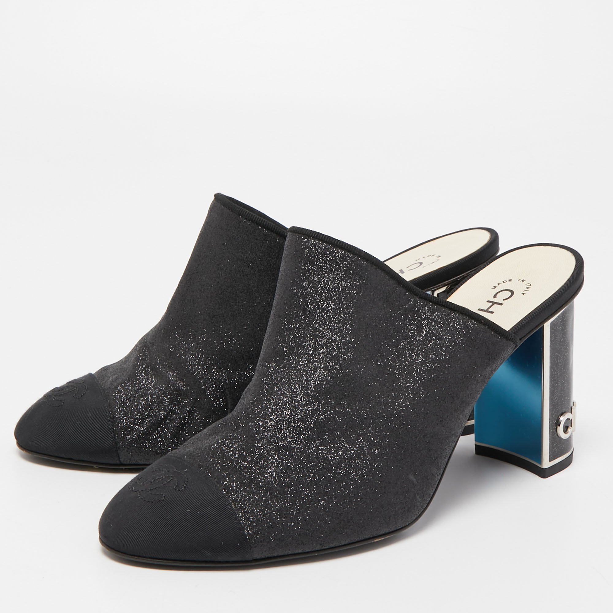 

Chanel Black Glitter and CC Fabric Cap Toe Mules Size