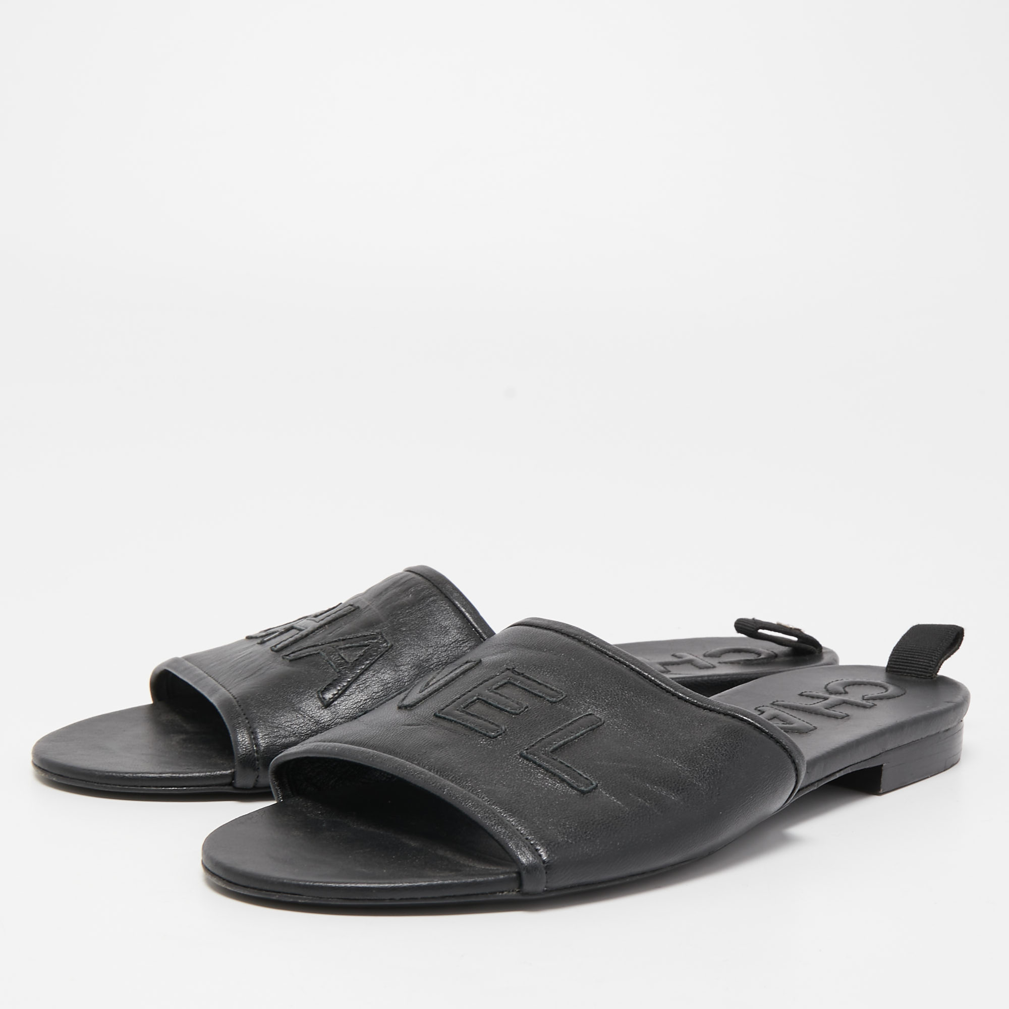 

Chanel Black Leather Logo Flat Slides Size