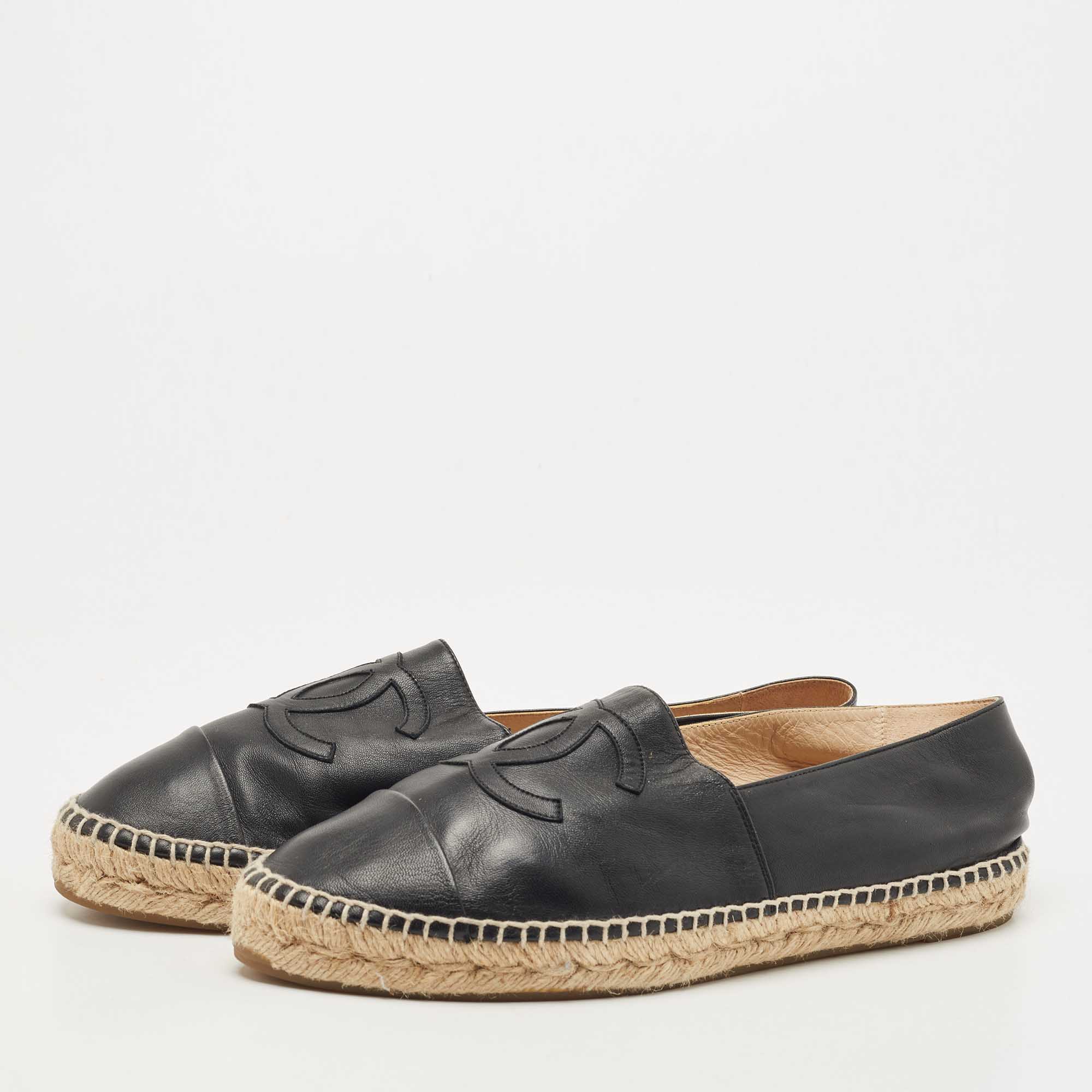 

Chanel Black Leather CC Cap Toe Espadrille Flats Size