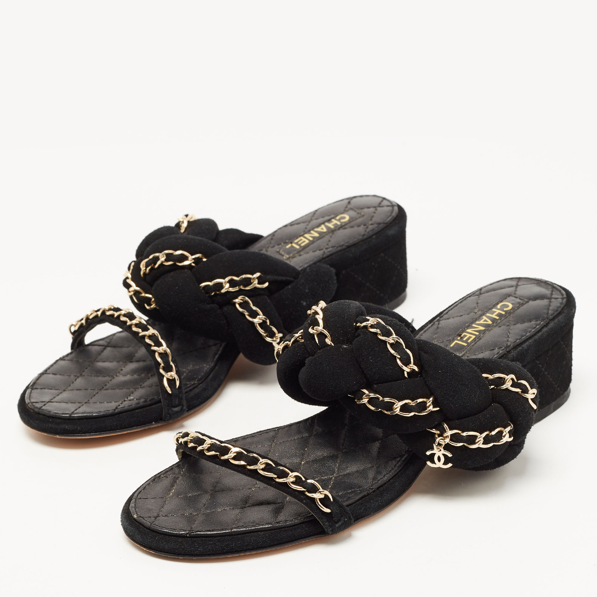 

Chanel Black Suede Chain Embellished Slide Sandals Size