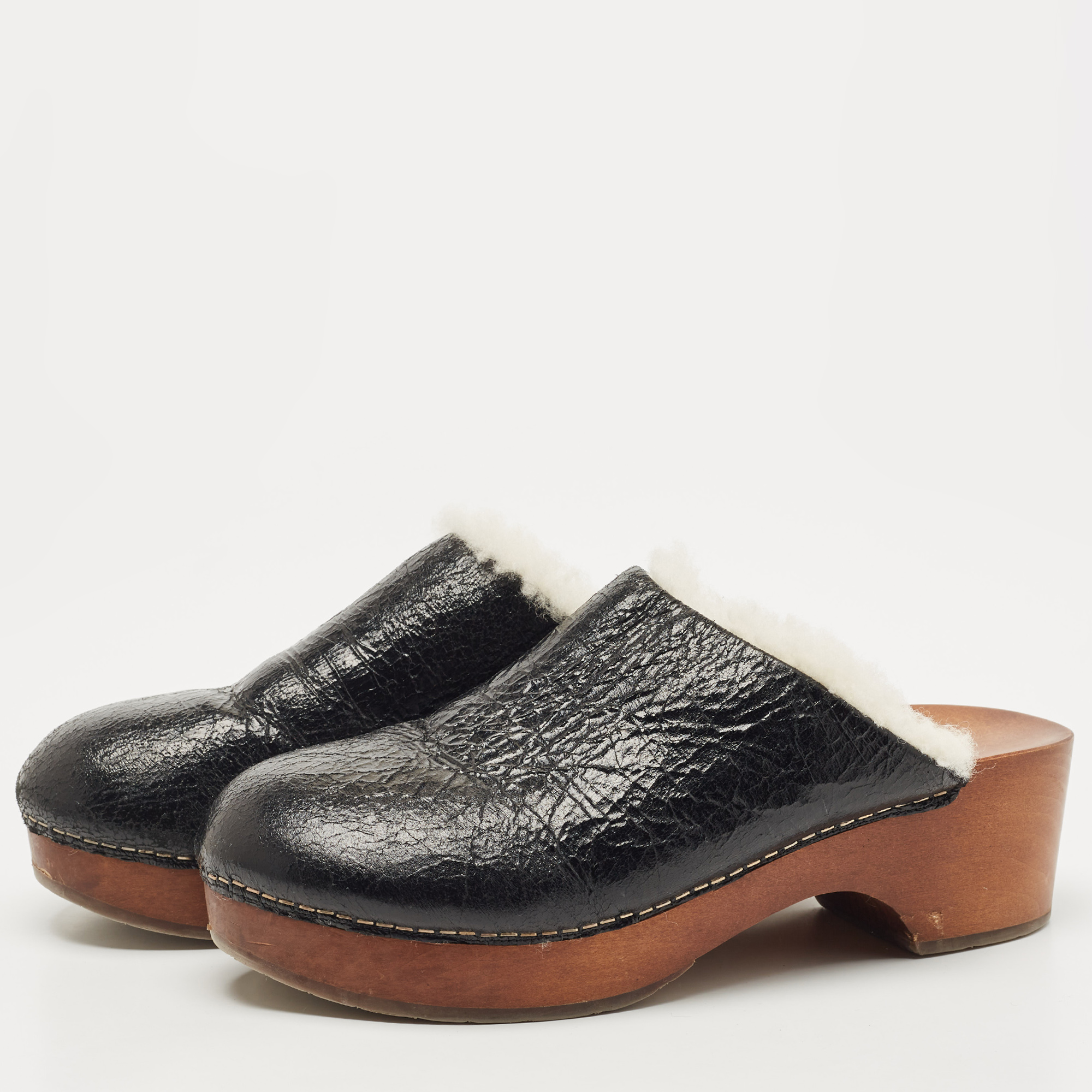 

Chanel Black Leather and Fur Slip On Clogs Size