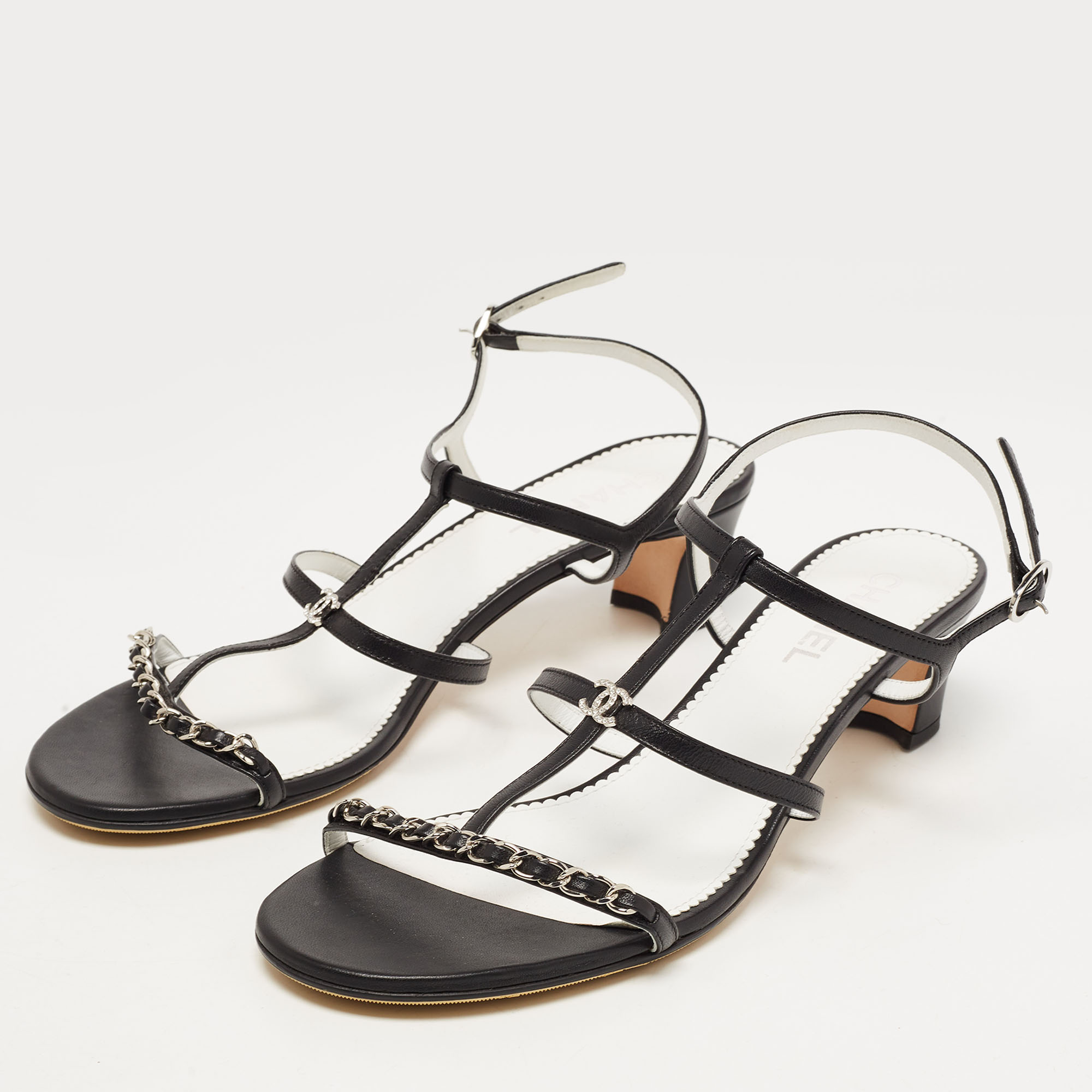 

Chanel Black Leather CC Chainlink Slingback Sandals Size