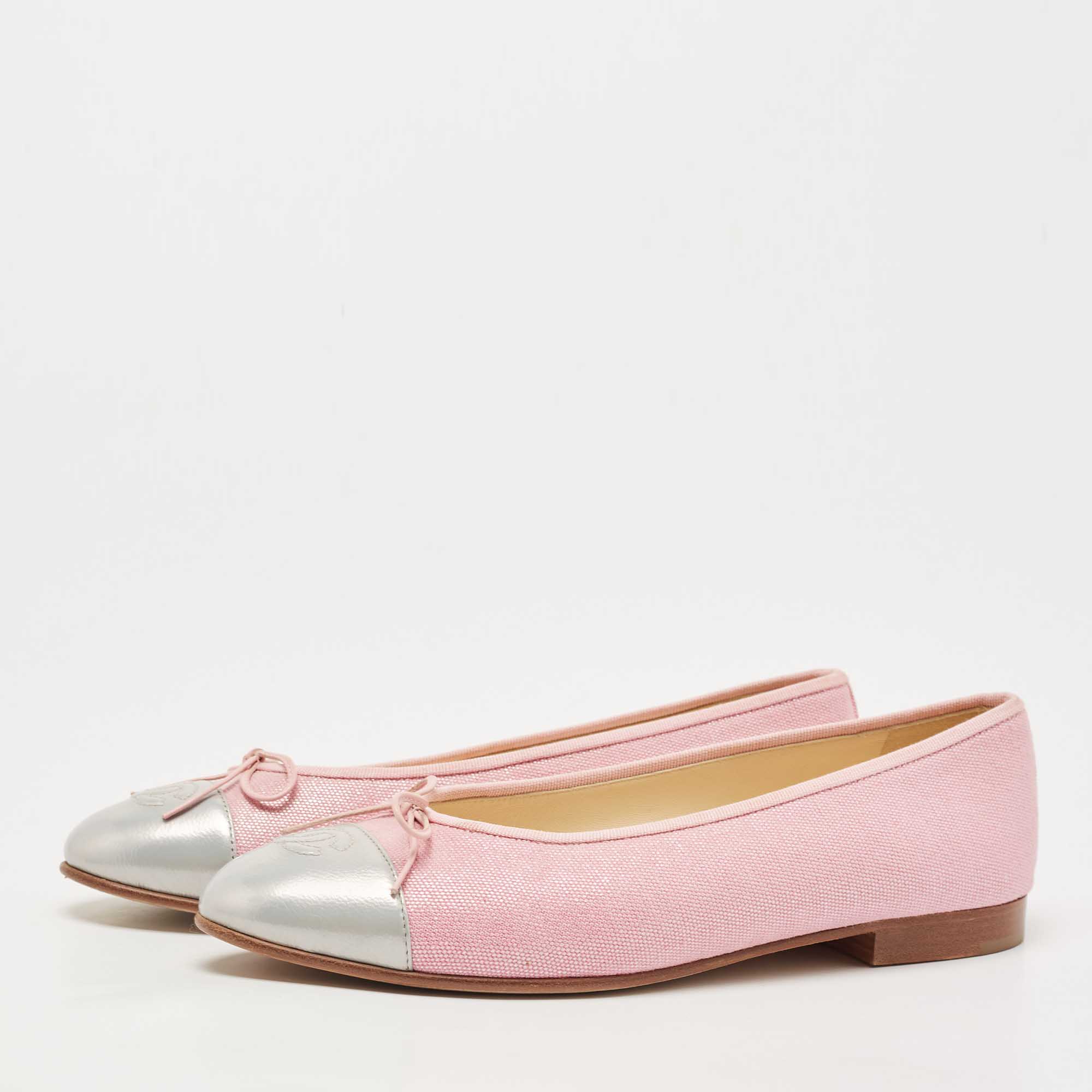 

Chanel Pink/Silver Patent And Canvas CC Cap Toe Ballet Flats Size